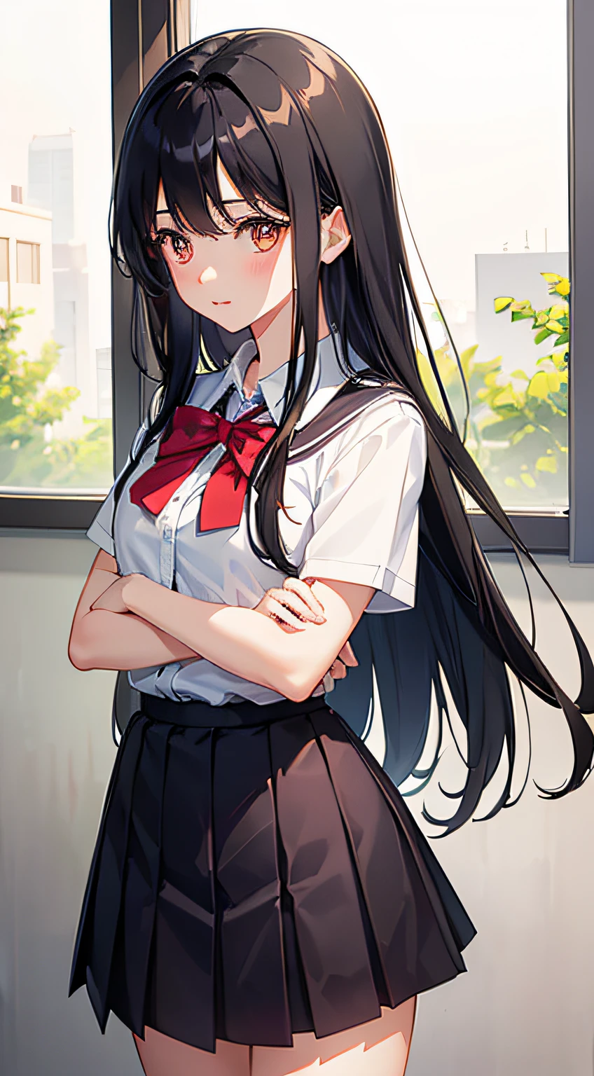 Super delicate cute girl in school uniform with black hair、a  high school studenrs、8K Ula High Definition, Delicate texture、movie theatre、Glowing orange eyes