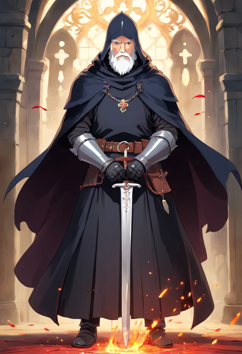 One guy, 55 year old knight with full beard, white hair, white beard, with black cloak, in full medieval plate armor, black cloak, wearing a simple broad brimmed hat, vampire hunter d style, flat, 2d, full body shot, rosary for necklace, catholic, cool pose, gauntlets, medieval sword