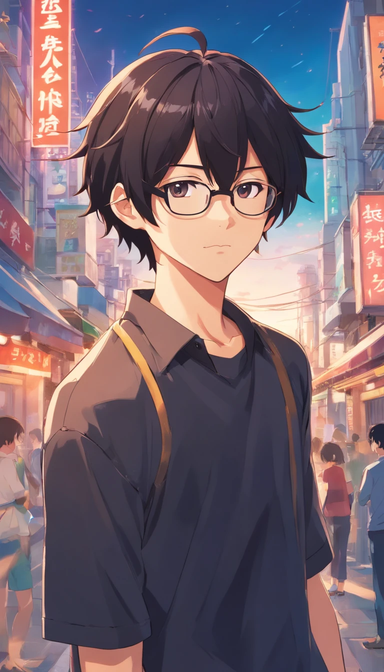 16 yaers old，Libido boy，Shota，Black color hair，black shirt，Square glasses，apathy，long whitr hair，with long bangs，messed up hair，unholy，Floating hair