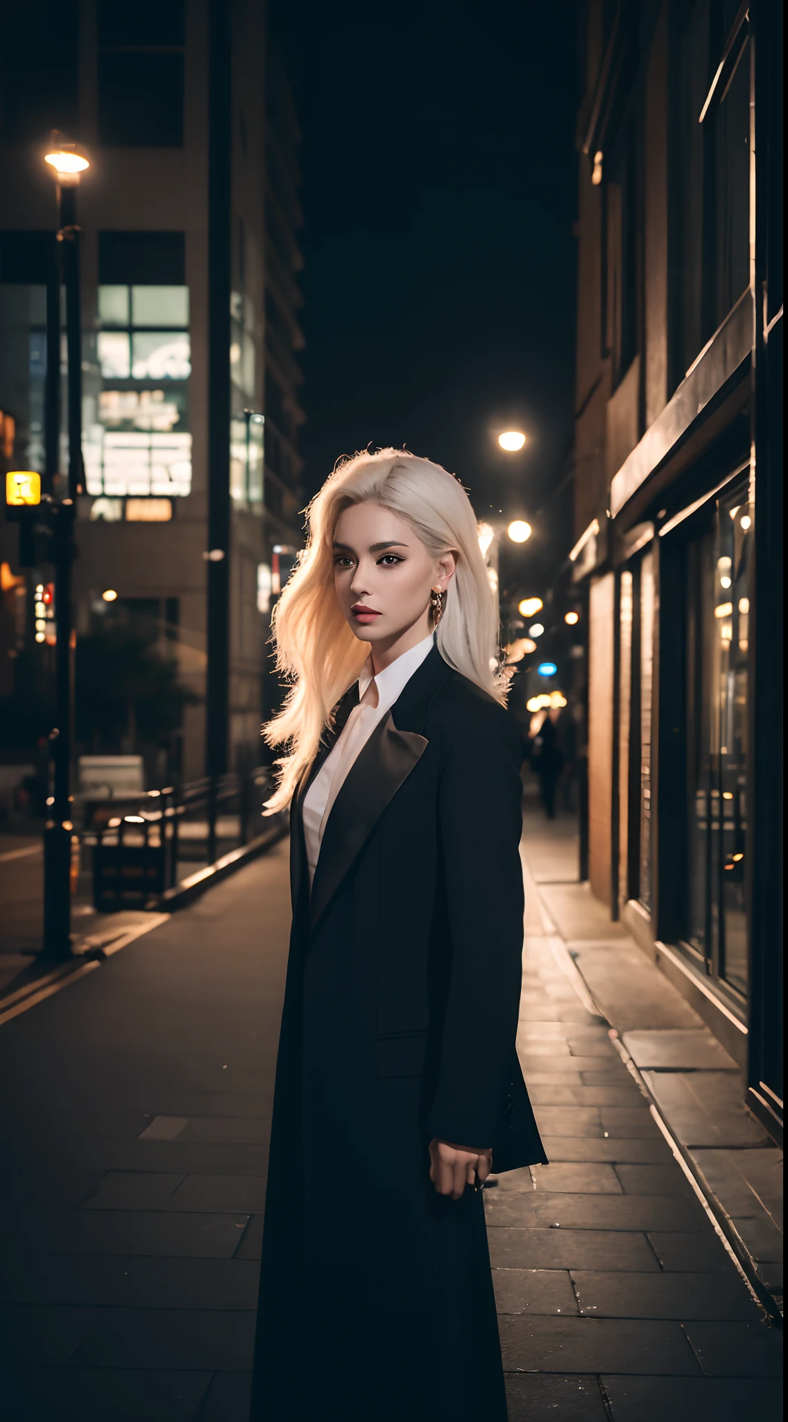 (best quality,4k,highres:1.2),ultra-detailed,(realistic,photorealistic:1.37),white-haired woman walking on the street in a seductive manner, black formal attire,sleek and polished hair,confident posture,cityscape in the background,dark and mysterious atmosphere,dynamic and vibrant scene,captivating gaze,powerful presence,elegant and sophisticated look,dynamic shadows,subtle reflections,high contrast lighting,modern and urban environment,graceful movements,glowing streetlights,impressive architecture,striking visual composition,dramatic and edgy style,exceptional attention to detail,rich depth of field,expressive facial features,sharp silhouettes,exquisite craftsmanship,impressive sense of realism,artsy and elegant representation,eye-catching colors,meticulous attention to shadows and highlights,luminous street scene,stylish and fashionable appearance,impeccable fashion sense,flawless makeup,confident and alluring expression