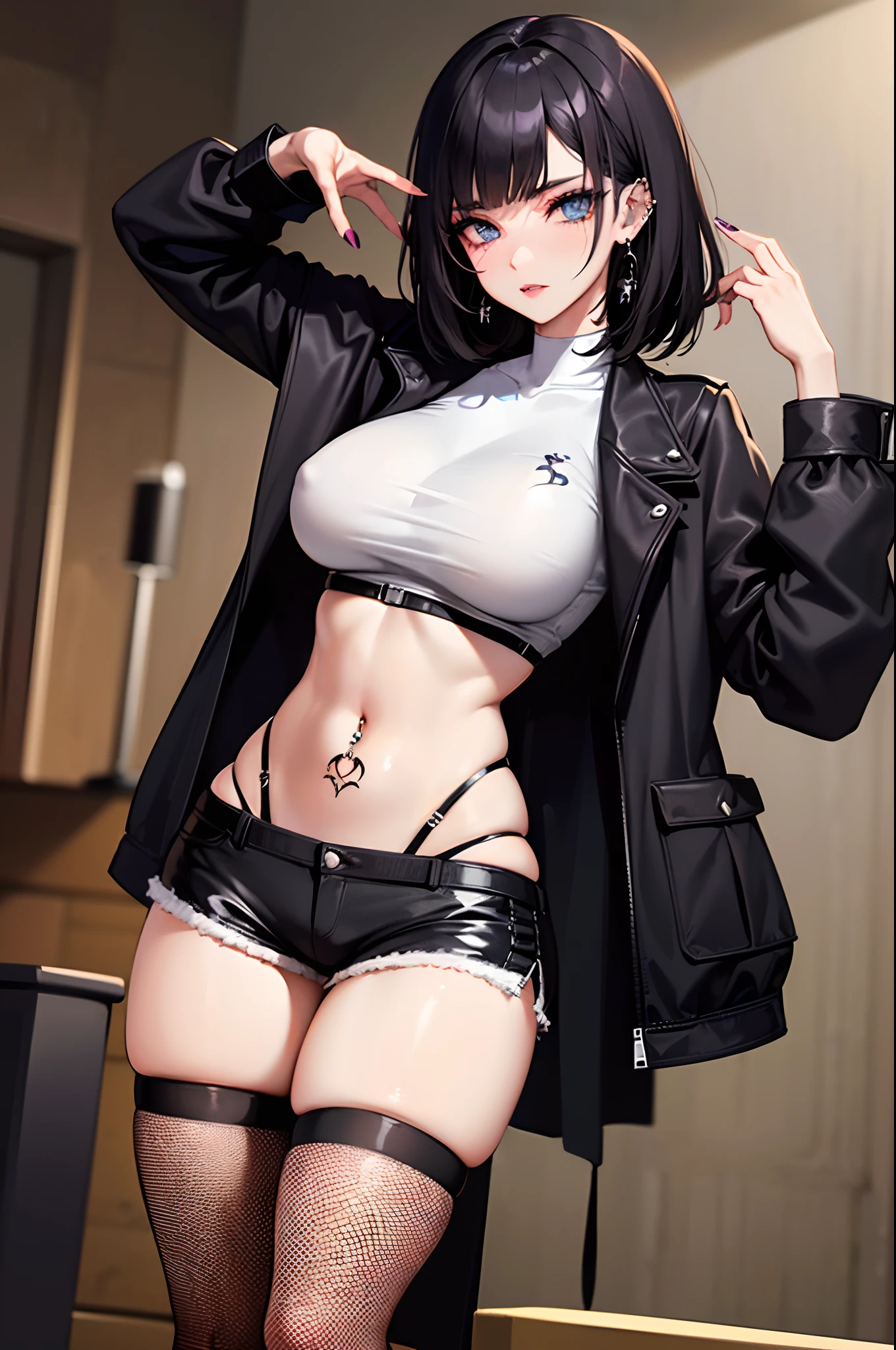 Goth woman, (goth makeup), (brown skin), (a t-shirt and skinny mini shorts), (show under boobs), (fishnet stockings), (navel jewellery), (pierced ears), (pierced lips), blue eyes, short messy black emo hair, (living room background), thick thighs, medium breasts, (8K), (wallpaper), (dynamic lighting), (detailed face and eyes:1.2)