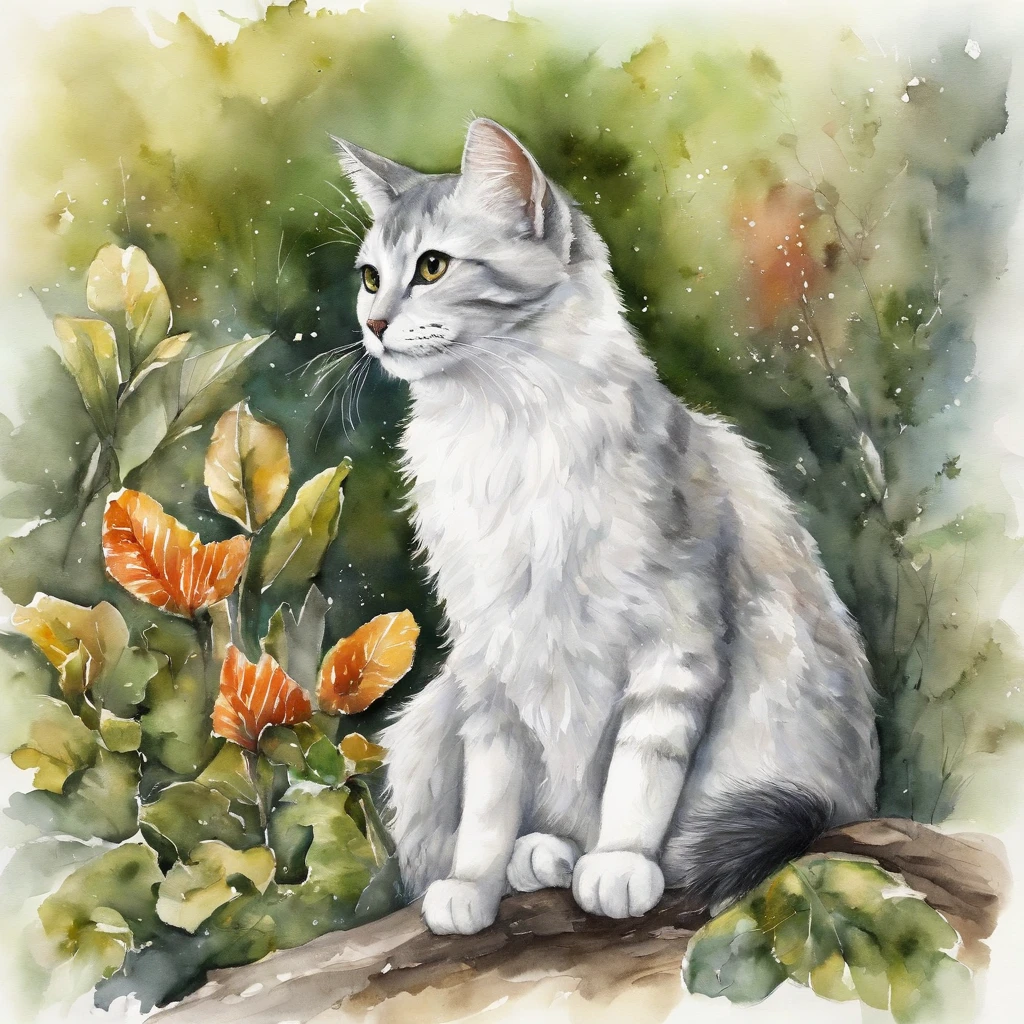 Realistic - Illustration - Pencil Art - Anime - Cute Cat((Branco)), ((escoteiro)), ((dnd)), ((borboletas e passaros)), brincando, with enigmatic look, cabelo preto curto, vestindo roupas de couro de aventureiro, Rustic, The clothes are colorful and modern, interacting with the scenario, ((feliz)), ao fundo encontra-se uma vale, com montanhas e floresta no fundo, noite clara com lua cheia.