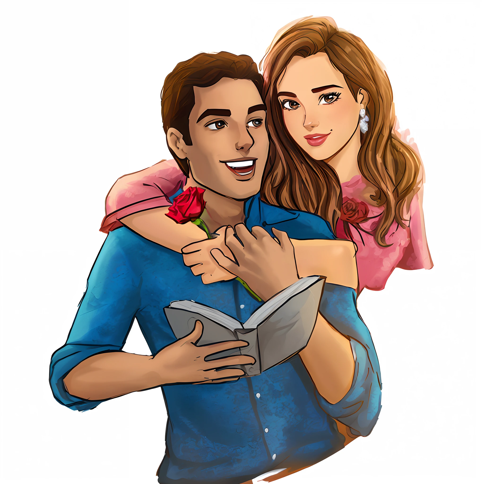 Cartoon of a man and a woman embracing with a rose in hand, capa de romance,