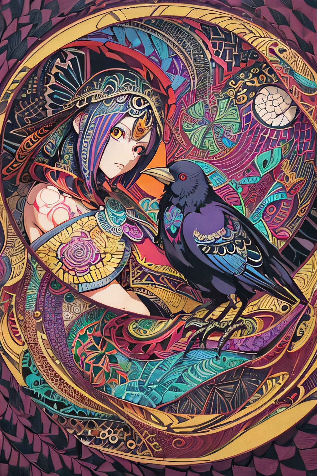(masutepiece, Highest Quality, ighly detailed, Best Quality, Official art, Beautiful and aesthetic:1.2), (crows),（No humans）, ighly detailed,(Zentangle Art:1.3),Colorful,highest details