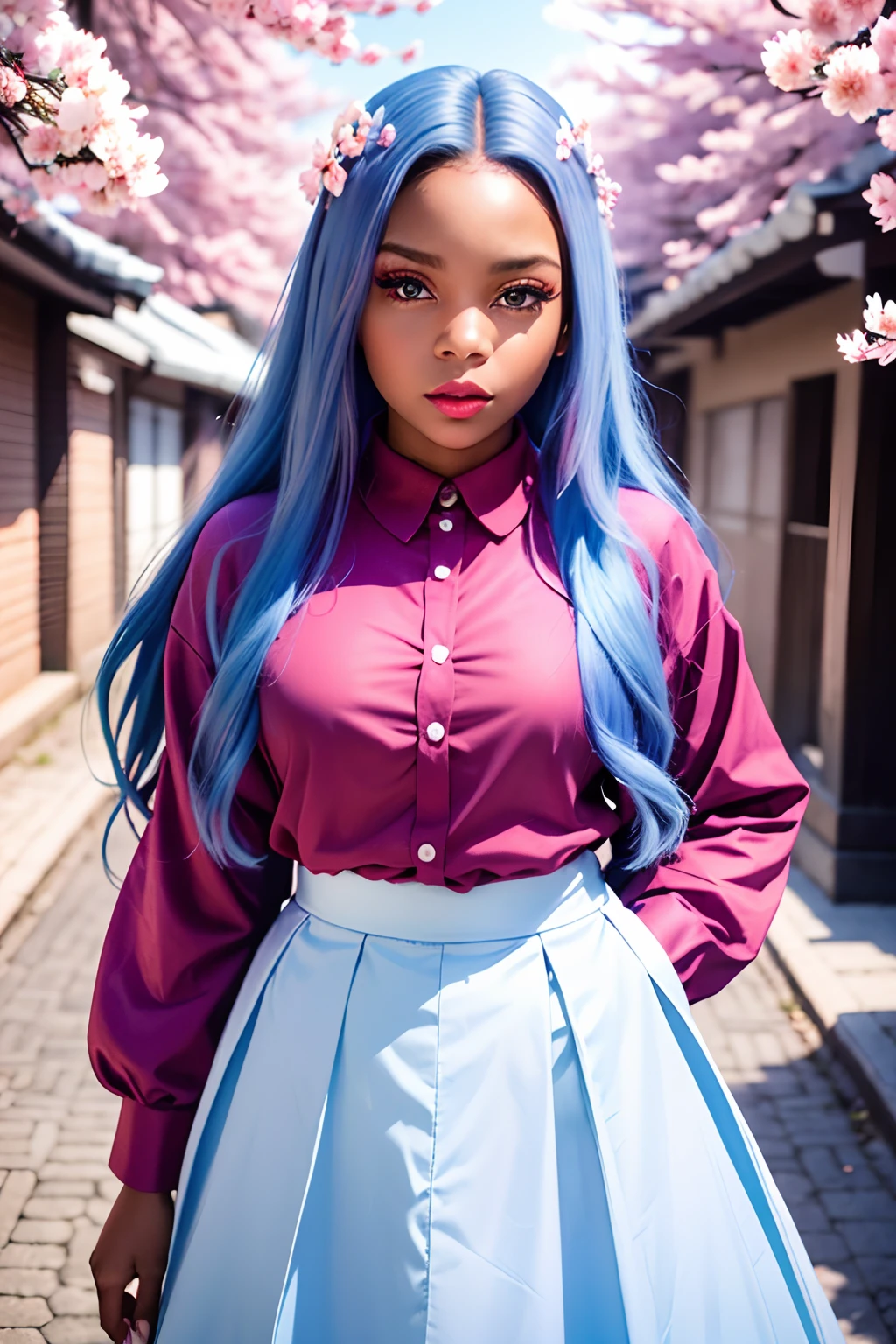 girl, long light blue hair, white skirt, face close-up, kimetsu no yaiba style, detailed eyes, red lips, delicate facial  features, determined expression, vibrant colors, dynamic pose, cherry blossom background, anime style, soft lighting, high resolution, fine artwork, dark skin
