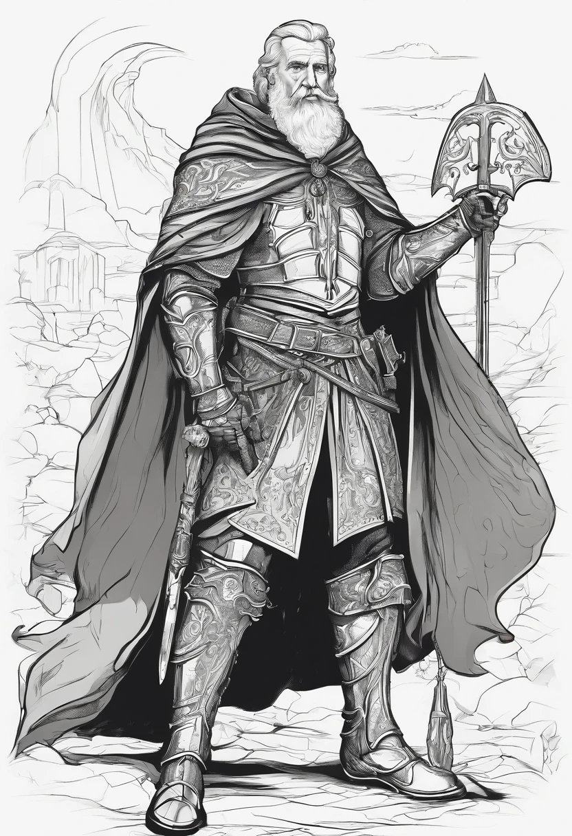 One guy, 55 year old knight with full beard, white hair, white beard, with black cloak, in full medieval plate armor, black cloak, wearing a simple broad brimmed hat, vampire hunter d style, flat, 2d, full body shot, rosary for necklace, catholic, cool pose, gauntlets, medieval sword