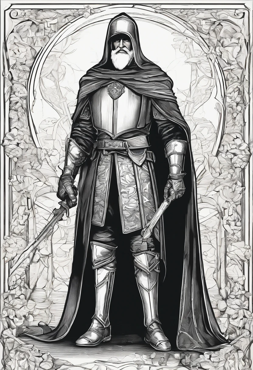 One guy, 55 year old knight with full beard, white hair, white beard, with black cloak, in full medieval plate armor, black cloak, wearing a simple broad brimmed hat, vampire hunter d style, flat, 2d, full body shot, rosary for necklace, catholic, cool pose, gauntlets, medieval sword