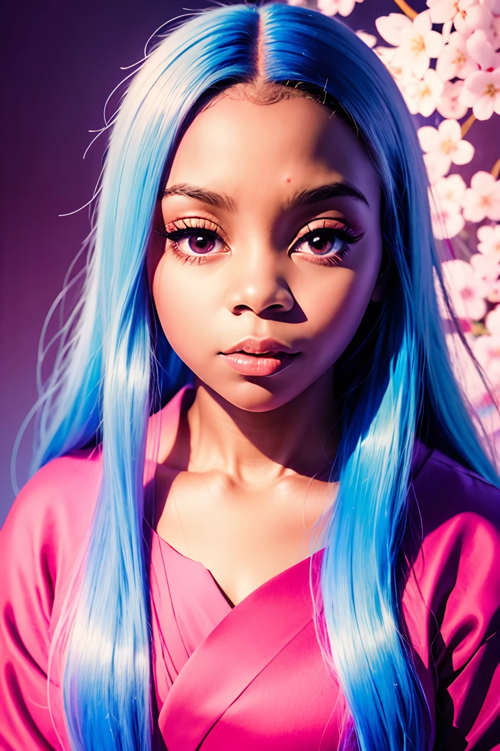 girl, long light blue hair, white skirt, face close-up, kimetsu no yaiba style, detailed eyes, red lips, delicate facial  features, determined expression, vibrant colors, dynamic pose, cherry blossom background, anime style, soft lighting, high resolution, fine artwork, dark skin