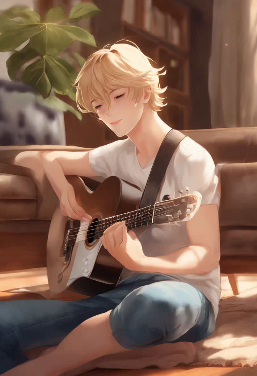 (best quality,ultra-detailed,realistic),anime,boy playing E-guitar,blond hair, blue eyes, light smile, jeans, white t-shirt, blue pants, sitting, crossed legs, in a smart home, sitting on the couch, L-shaped sofa, wooden coffee table, large windows, natural light, smart devices, white walls, abstract art on the wall, plants, posters, headphones, electric guitar, amplifier, cables, music sheet, guitar pick, music stand, relaxed posture, focused expression, fingers on guitar strings, playing a melody with passion, musical notes floating in the air, dynamic lighting, colorful spotlights, vibrant background, energetic atmosphere