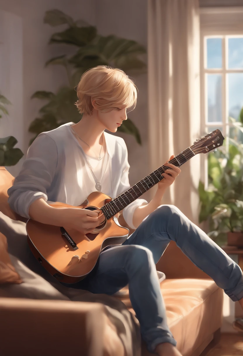 (best quality,ultra-detailed,realistic),anime,boy playing E-guitar,blond hair, blue eyes, light smile, jeans, white t-shirt, blue pants, sitting, crossed legs, in a smart home, sitting on the couch, L-shaped sofa, wooden coffee table, large windows, natural light, smart devices, white walls, abstract art on the wall, plants, posters, headphones, electric guitar, amplifier, cables, music sheet, guitar pick, music stand, relaxed posture, focused expression, fingers on guitar strings, playing a melody with passion, musical notes floating in the air, dynamic lighting, colorful spotlights, vibrant background, energetic atmosphere