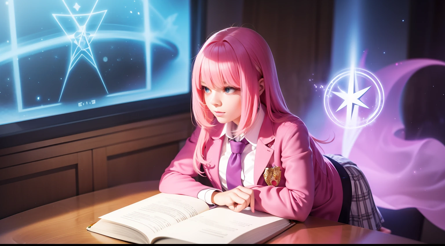 "A Photorealistic High-Quality Anime-Style Girl with Pink Hair, Dressed in a Magical School Uniform with Glowing Runes, Casting Spells in a Magical Library Filled with Ancient Tomes and Mystical Artifacts, taken with an Advanced Enchanted Camera and utilizing an Ethereal Lens