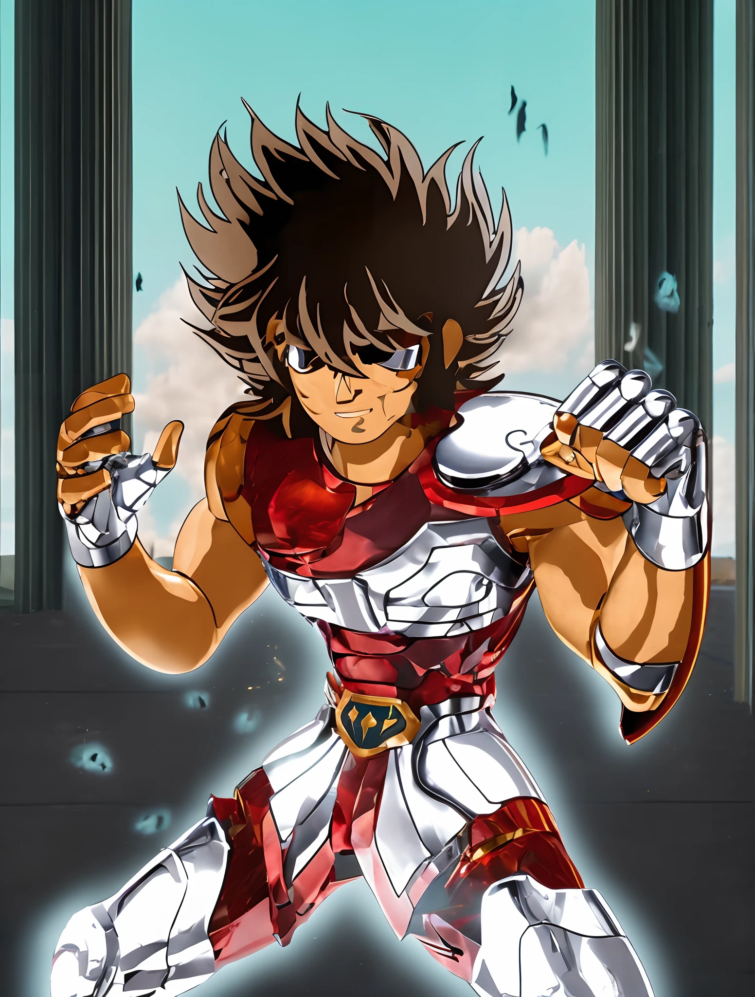 Imagine um cavaleiro, Seiya de Pegasus, Interpretado por ((TOM CRUZ)). Ultrarrealista 8k, extremamente detalhado. Metallic armor, Efeito de ray tracing, fiel ao material original. Breathtaking visual effect, Nostalgic epic.