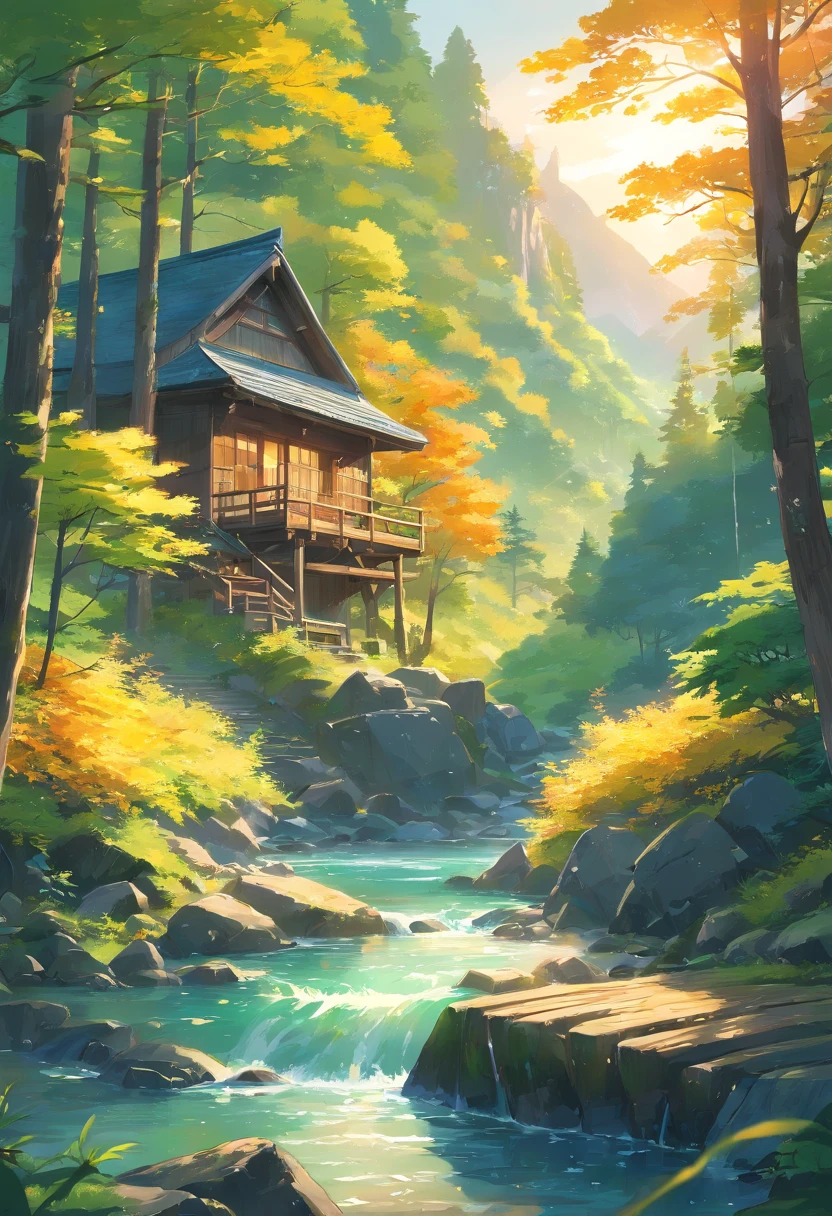 sunrise, mountains, lush forest, ancient trees, green and golden leaves, crystal-clear stream, mossy rocks, butterflies, light and shadow, mushrooms, mder family, wooden cabin, wonder, masterpiece, best quality, movie still, bright, happy, warm soft lighting, sunset, (sparks:0.7)