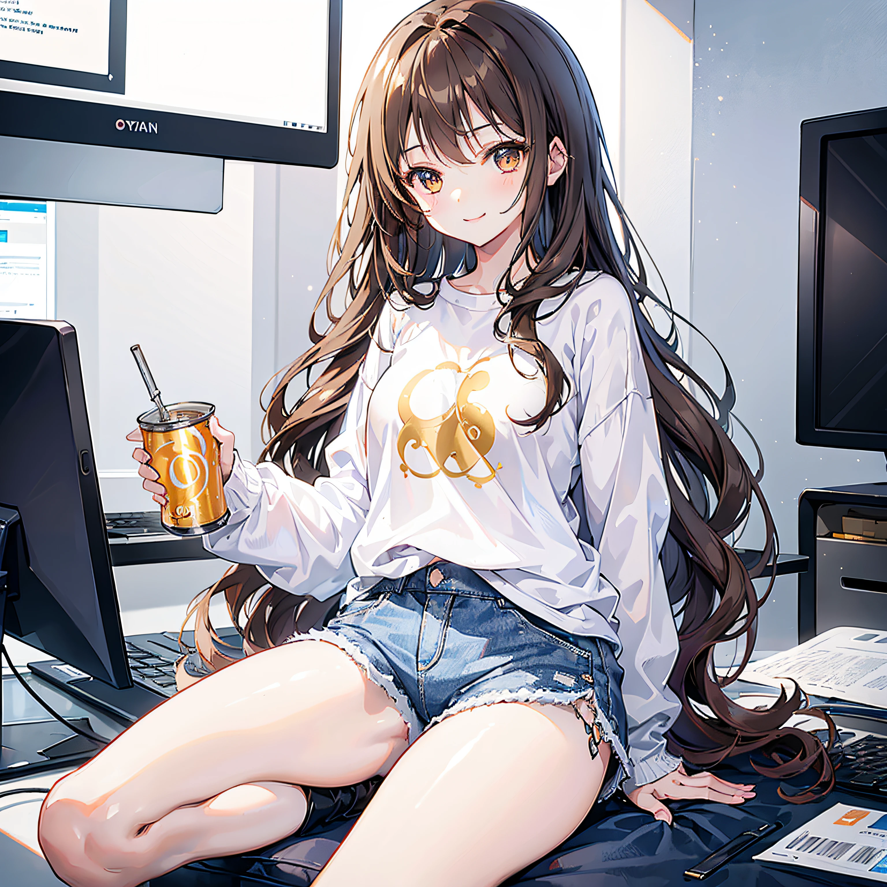 1 girl, smiling, long wavy light brown hair, golden eyes, plain white shirt, big black sweatshirt, denim shorts, beautiful body, medium breasts, small waist, drinking a canned soda, otaku room, playing on the computer , high resolution, ultra-sharp, 8K, masterpiece, facing the viewer