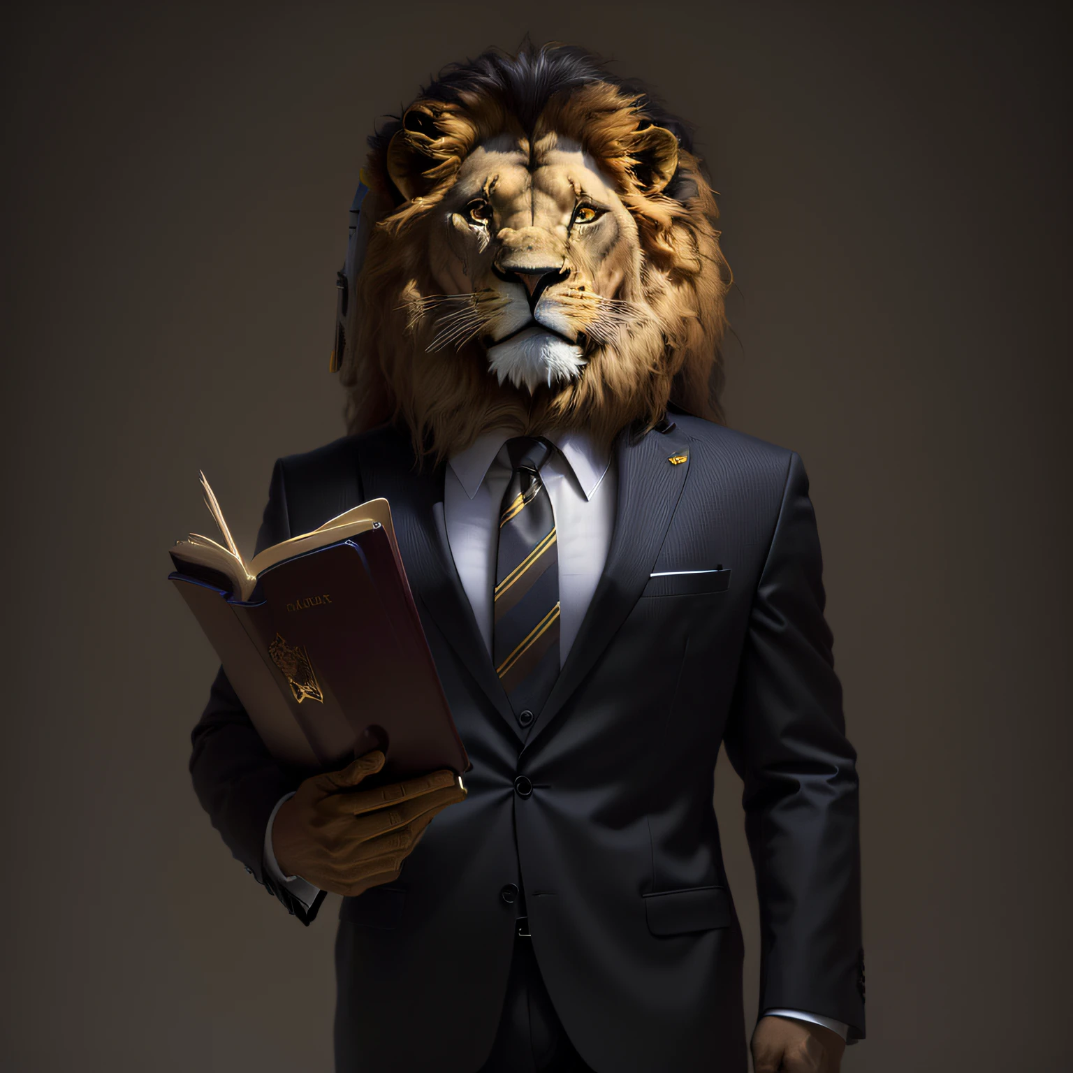 Lion arafed in a suit holding a book and a pencil, 2 d full body lion, Senhor das Bestas, reading a book next to a lion, Directed by: Derek Zabrocki, Directed by: Adam Marczyński, using dead lion costume jacket, Wojtek FUS, serious business, lion body, CEO, Senhor da Selva