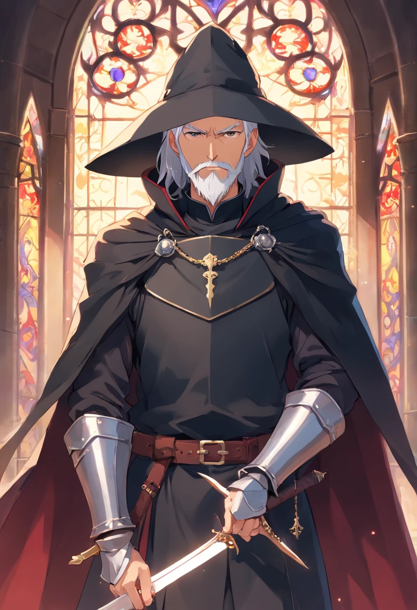 One guy, 55 year old knight with full beard, white hair, white beard, with black cloak, in full medieval plate armor, black cloak, wearing a simple broad brimmed hat, vampire hunter d style, flat, 2d, full body shot, rosary for necklace, catholic, cool pose, gauntlets, medieval sword