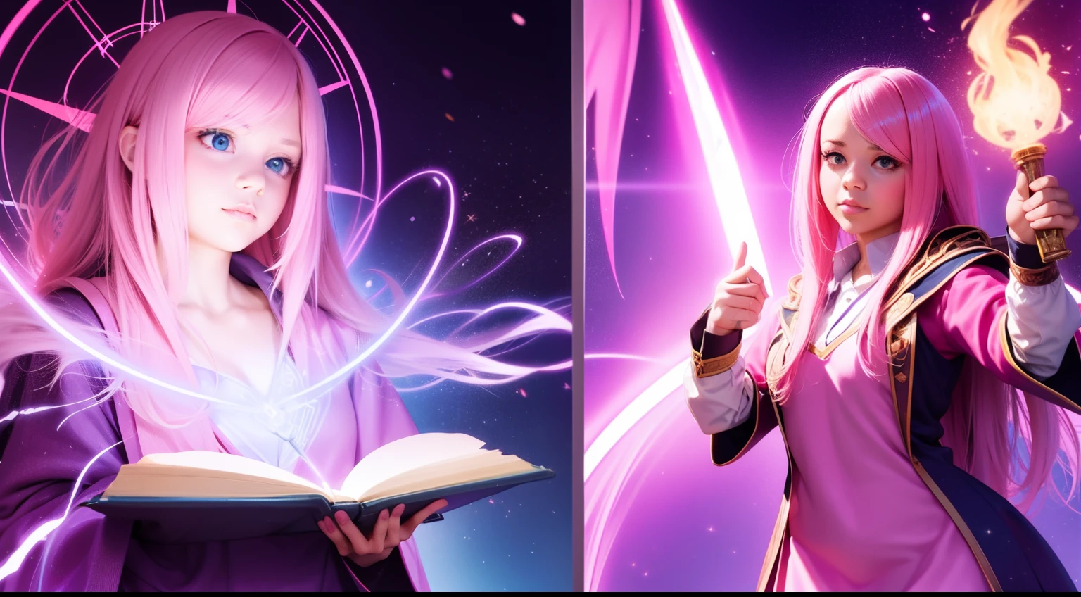 "A Photorealistic High-Quality Anime-Style Girl with Pink Hair, Dressed in a Magical School Uniform with Glowing Runes, Casting Spells in a Magical Library Filled with Ancient Tomes and Mystical Artifacts, taken with an Advanced Enchanted Camera and utilizing an Ethereal Lens