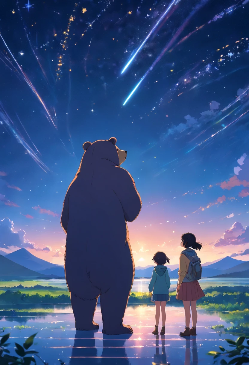 A bear and a girl looking at stars in the sky