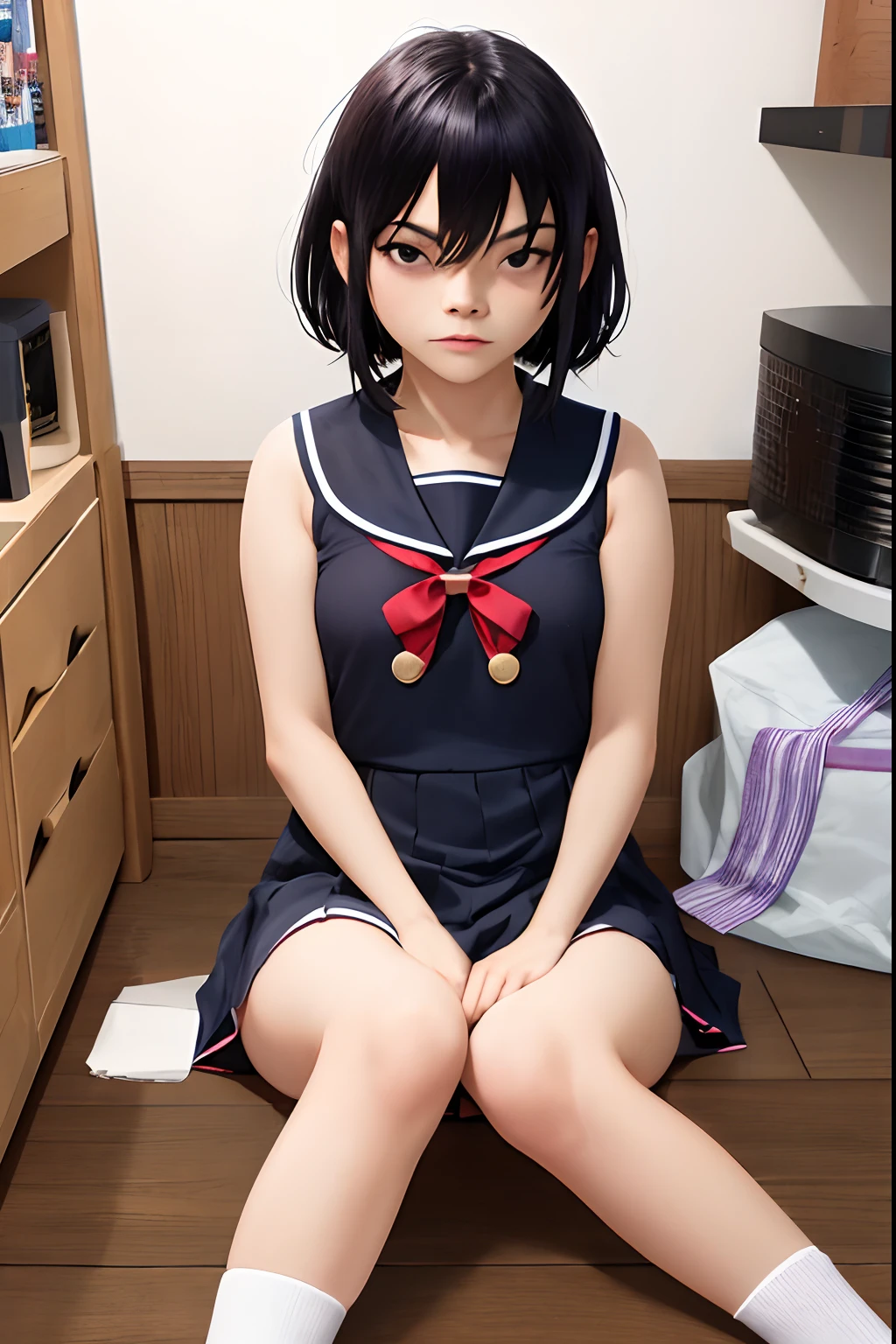 (masterpiece, best quality:1.2),  noodle (gorillaz), black hair, 1girl, black eyes, bangs, bangs covering eyes,  parted lips, breasts, small breasts,  bob cut, White background, absurdres, highres, 4k, ray tracing, perfect face, perfect eyes, intricate details, highly detailed, top-quality、超A high resolution、(Photorealsitic:1.4)、女の子1人、（Beautiful Japan girl 12 years old），（Teen），（a junior high school student），（Petite and pretty girl)、（校服）、（a sailor suit），5 toes，small legs，（Ancient Minjia），（Wooden floors），（Cluttered room），sole of feet，Details of the soles of the feet，.（Soles of the feet of junior high school students）Clear facial features