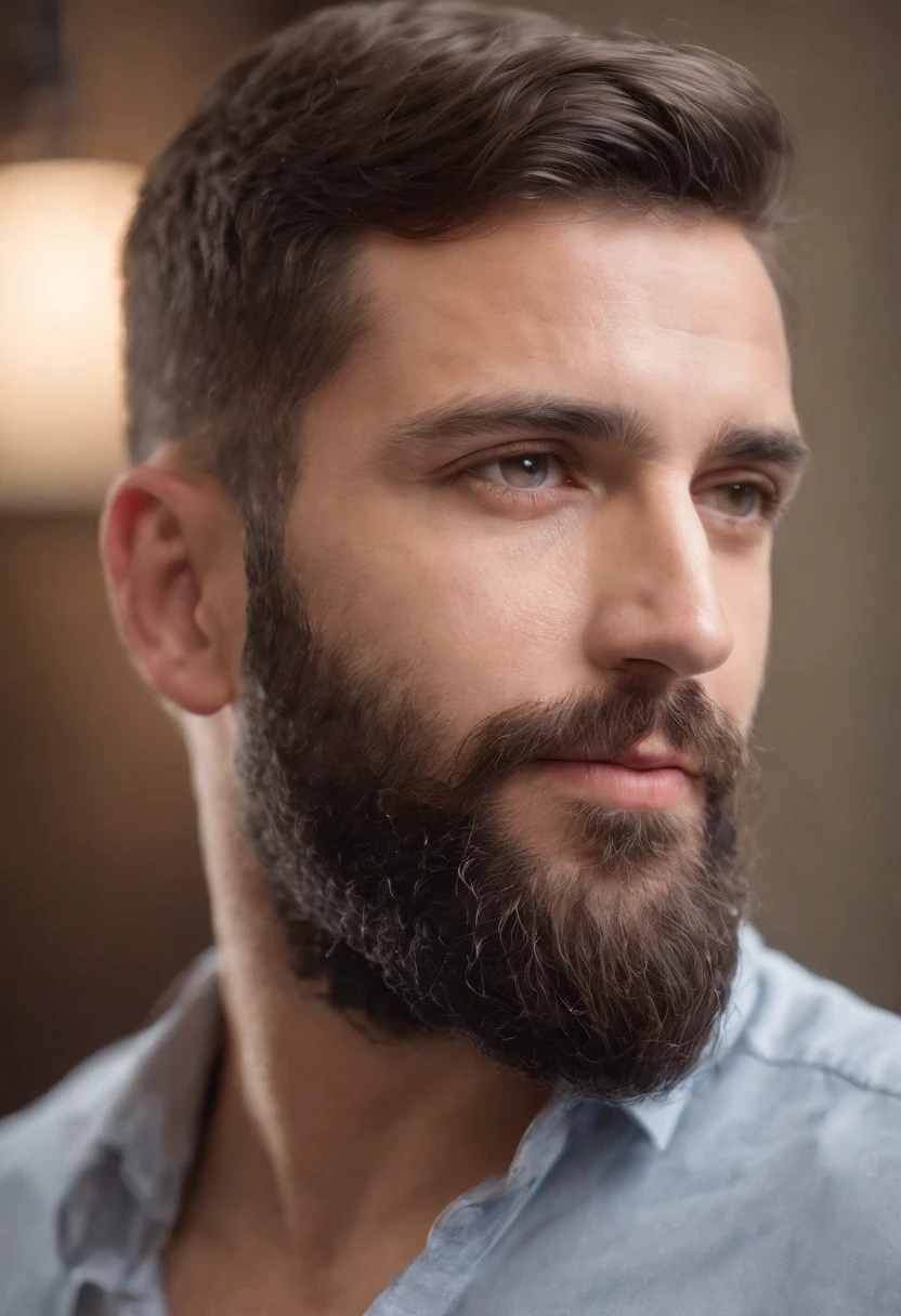 homem arafed com barba e coque em bar (usando fones de ouvido), homem com barba, homem barbudo, barba enrolada, barba grossa, homem bonito barbudo, homem muito atraente com barba, barba aparada, barba bem aparada, barba cuidada, rabo de cavalo e barba, retrato de perfil lateral, retrato centrado no perfil lateral, maxilar grosso, modelo bem cuidado, barba detalhada