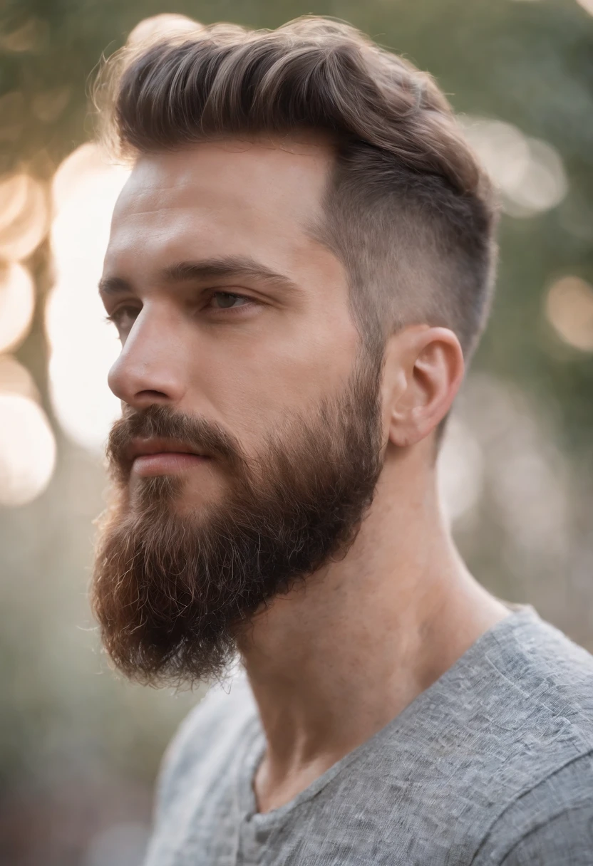 homem arafed com barba e coque em bar (usando fones de ouvido), homem com barba, homem barbudo, barba enrolada, barba grossa, homem bonito barbudo, homem muito atraente com barba, barba aparada, barba bem aparada, barba cuidada, rabo de cavalo e barba, retrato de perfil lateral, retrato centrado no perfil lateral, maxilar grosso, modelo bem cuidado, barba detalhada