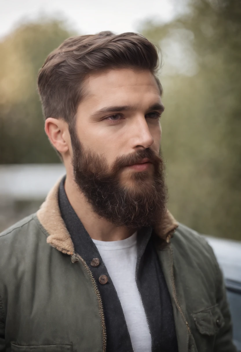 homem arafed com barba e coque em bar (usando fones de ouvido), homem com barba, homem barbudo, barba enrolada, barba grossa, homem bonito barbudo, homem muito atraente com barba, barba aparada, barba bem aparada, barba cuidada, rabo de cavalo e barba, retrato de perfil lateral, retrato centrado no perfil lateral, maxilar grosso, modelo bem cuidado, barba detalhada