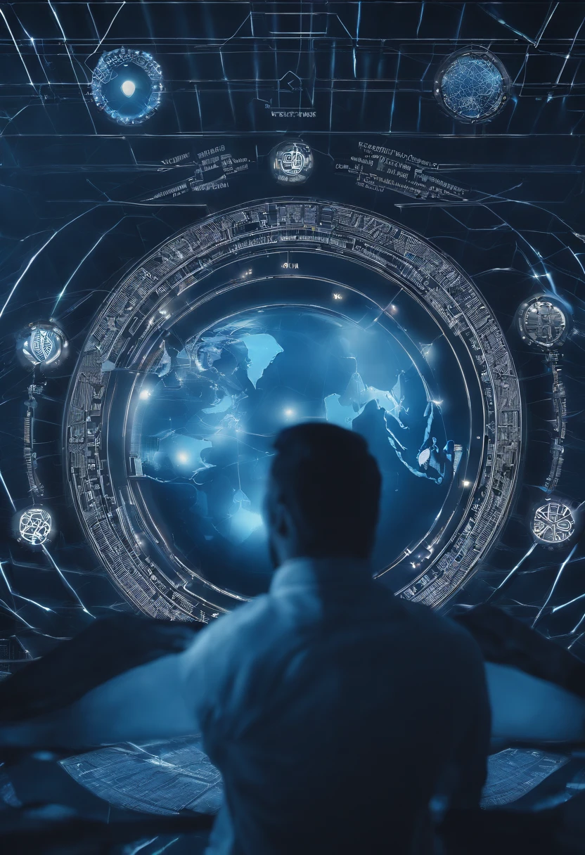 "Por favor, crie uma imagem que represente o mundo das criptomoedas. Predominantly use blue and white colors in the composition. A imagem deve incorporar elementos que simbolizem a tecnologia blockchain, decentralization, The security and innovation associated with cryptocurrencies. Make sure the image conveys a sense of confidence and modernity, while highlighting the importance of blue and white in the context of cryptocurrencies, coloque uma modelo linda com olhos de tecnoligia