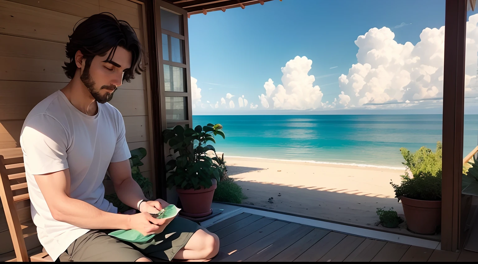 Create an image that represents Nikos' journey of self-compassion and personal growth. Na cena, visualize Nikos em um ambiente tranquilo, cercado por elementos da natureza grega, como oliveiras e o mar azul-cobalto. He's sitting in meditation, with his eyes closed and a serene expression on his face. Around you, seeds are being planted, Each of them symbolizing a moment of self-compassion that he is cultivating within himself. The seeds are sprouting with bright colors, representando o crescimento emocional e a cura interior. The setting should radiate a sense of peace and acceptance, highlighting the importance of taking care of one's own heart as a fundamental part of the journey of overcoming and enlightenment.