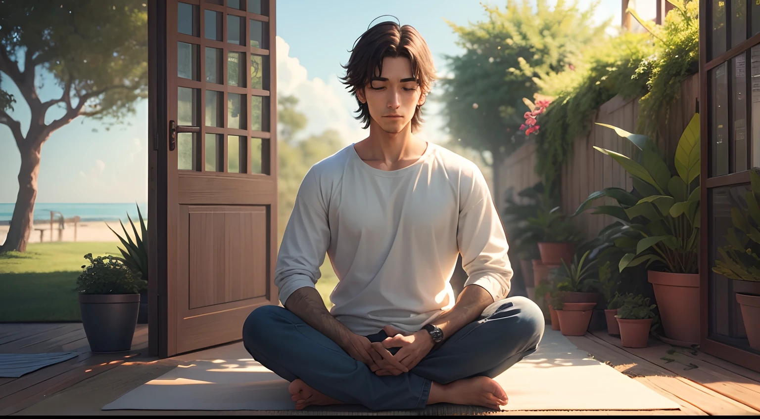 Create an image that represents Nikos' journey of self-compassion and personal growth. Na cena, visualize Nikos em um ambiente tranquilo, cercado por elementos da natureza grega, como oliveiras e o mar azul-cobalto. He's sitting in meditation, with his eyes closed and a serene expression on his face. Around you, seeds are being planted, Each of them symbolizing a moment of self-compassion that he is cultivating within himself. The seeds are sprouting with bright colors, representando o crescimento emocional e a cura interior. The setting should radiate a sense of peace and acceptance, highlighting the importance of taking care of one's own heart as a fundamental part of the journey of overcoming and enlightenment.