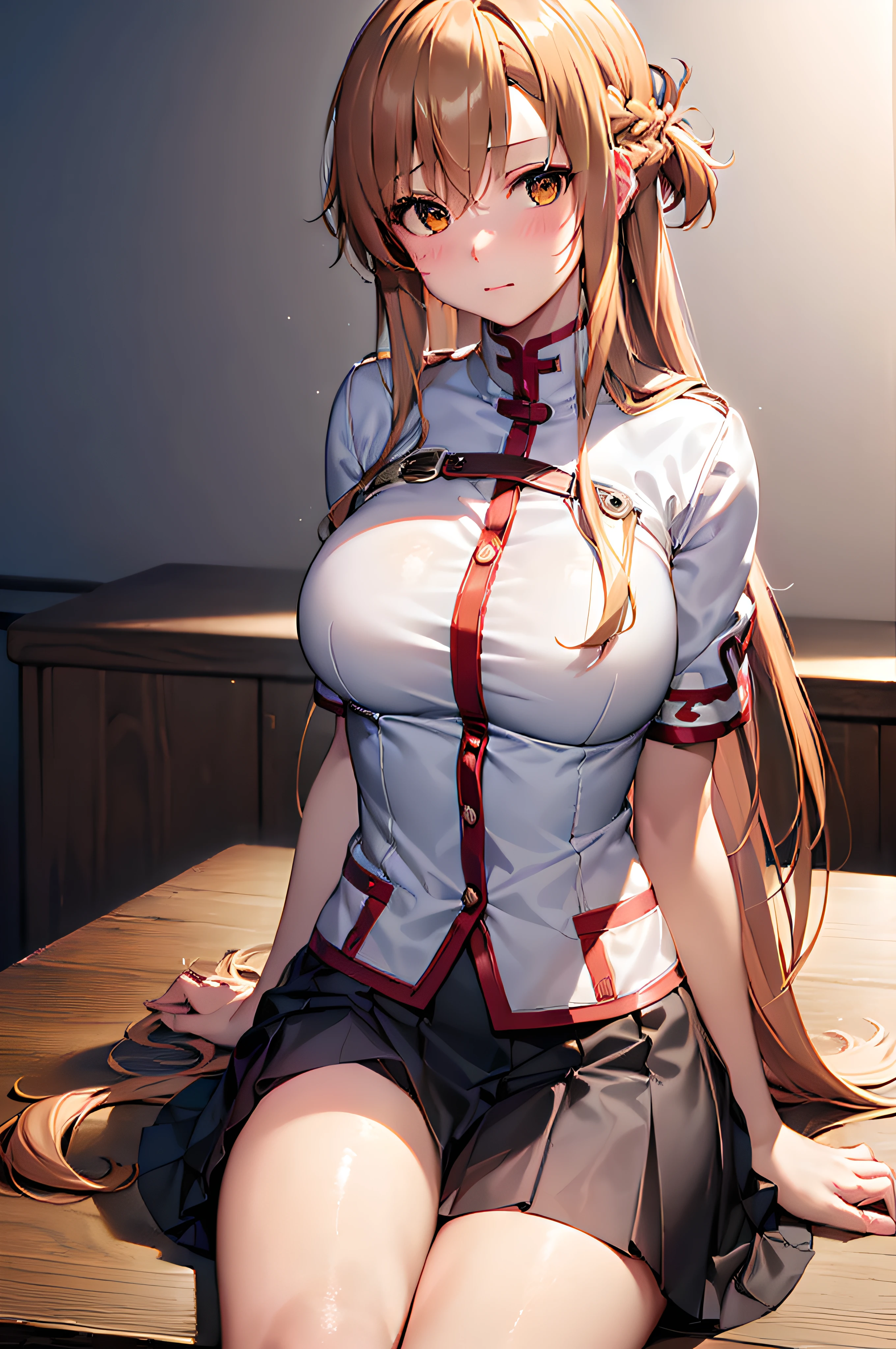 (Best quality, 8k, ultra high res, absurdes:1.2), ( 1girl, beautiful face, beautiful body, aaasuna, long hair, brown hair, braid, brown eyes, Adult, mature, shy, blush), (Classroom, sitting on table, short black skirt, white uniform), (noon, warm lights, looking at viewer)