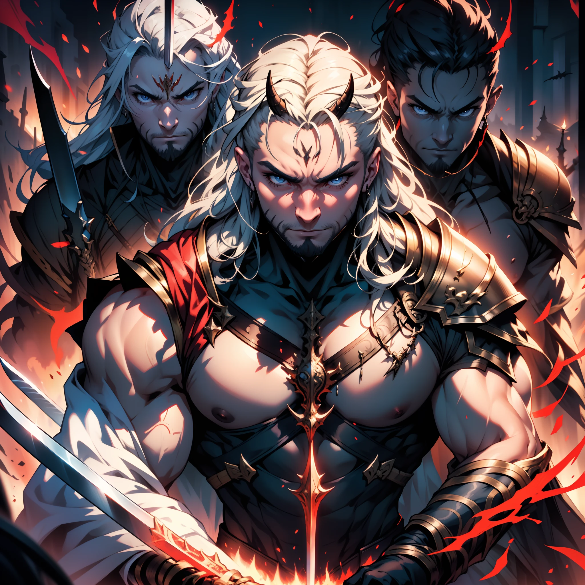 Army of demons holding Swords and Spears preparing for battle hyper realistic super detailed faces hyper realistic super detailed Armors hyper realistic super detailed Dynamic shot correct Anatomy poses