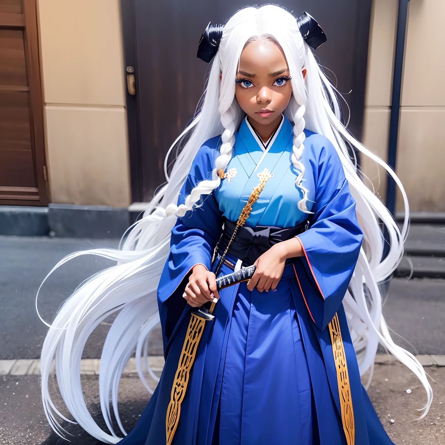 kimetsu no yaiba style, 1girl, tan dark black skin girl, blue eyes, white hair, extra very long curly hair, modified demon slayer uniform with slits along side the pants, white and blue kimono, white nails,chain sword katanas,