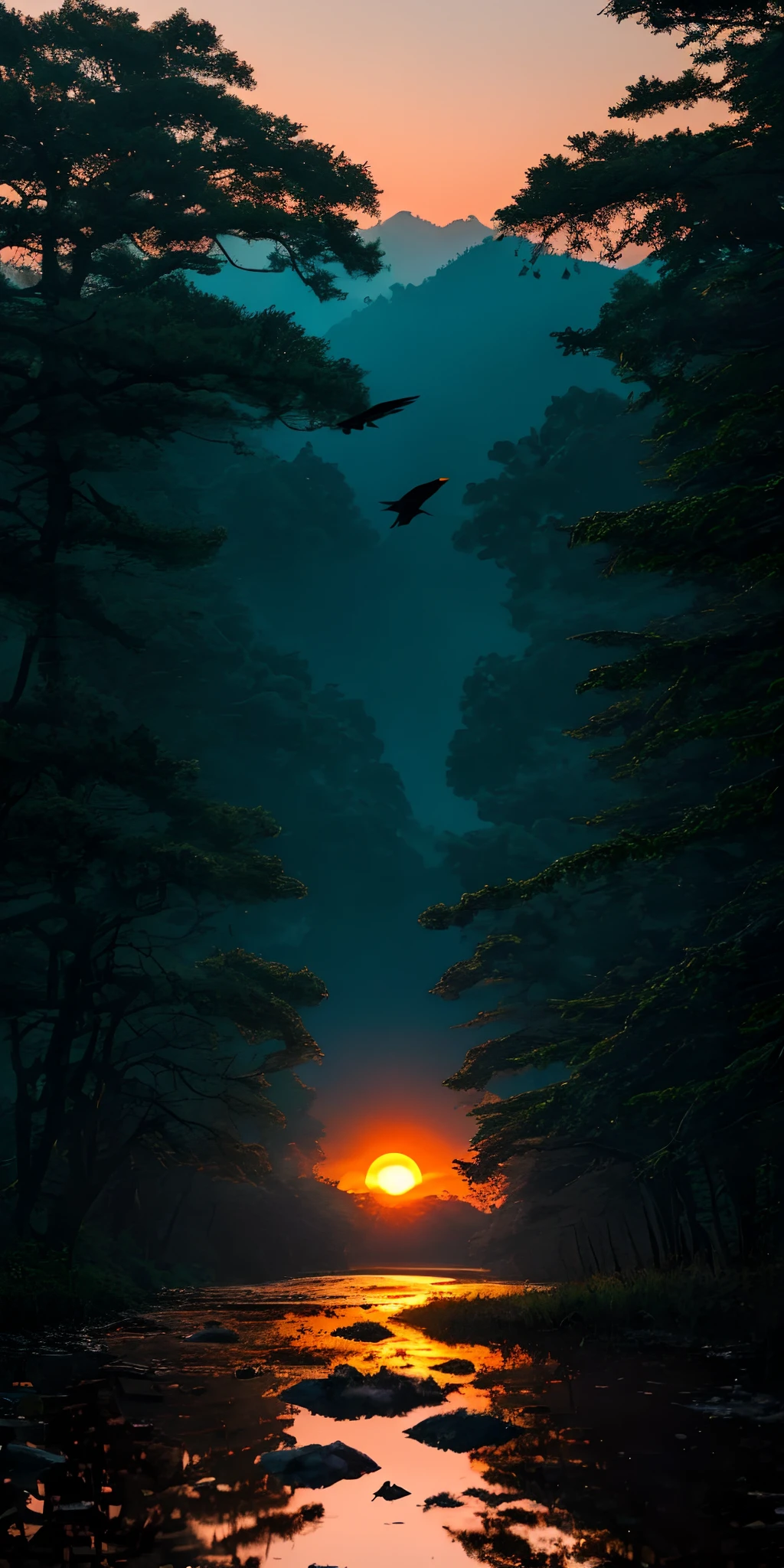 Please have bright colors, Create a digital image that draws a landscape of a bird flying as the sun sets in a forest with a stagnant water in nature.