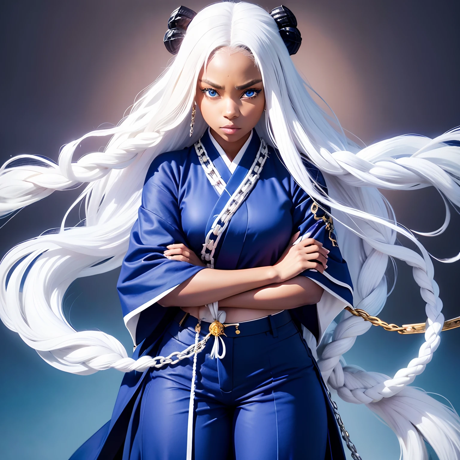 Demon Slayer style, 1girl, black dark skin African girl, blue eyes, white hair, extra very long curly hair, demon slayer uniform, white and blue kimono, white nails,chain sword katanas,kimetsu no yaiba style