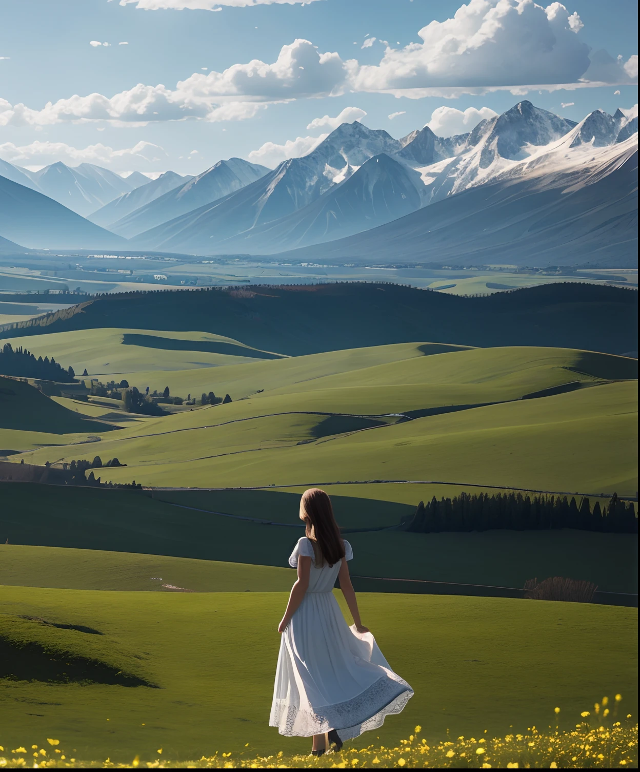 Vast expanse, European countryside, woman in sundress in foreground looking over area, on a hill, spring, mountains in background