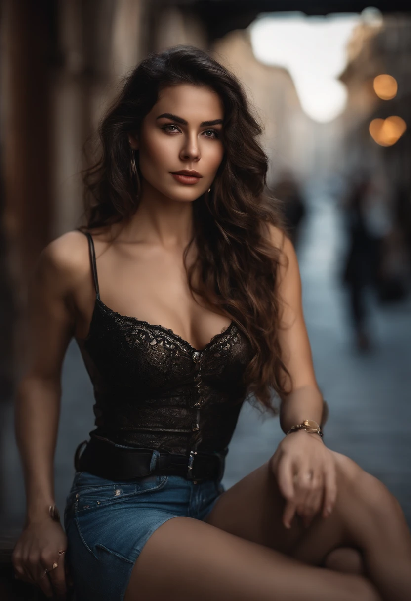 photo of a 25-year-old European girl, RAW, beautiful woman, ( long wavy dark hair), medium big breast , ((portrait)), ((detailed face: 1.2)), ((detailed facial features)), (finely detailed skin), pale skin, highly detailed deep neckline tight leather shorts with white top , megacity environment, (cool colors), damp, damp, reflections, (masterpiece) (perfect proportion)(realistic photo)(best quality) (detailed) photographed on a Canon EOS R5, 50mm lens, F/2.8, HDR, (8k) (wallpaper) (cinematic lighting) (dramatic lighting) (sharp focus) (intricate) , face with kiss blowing ,