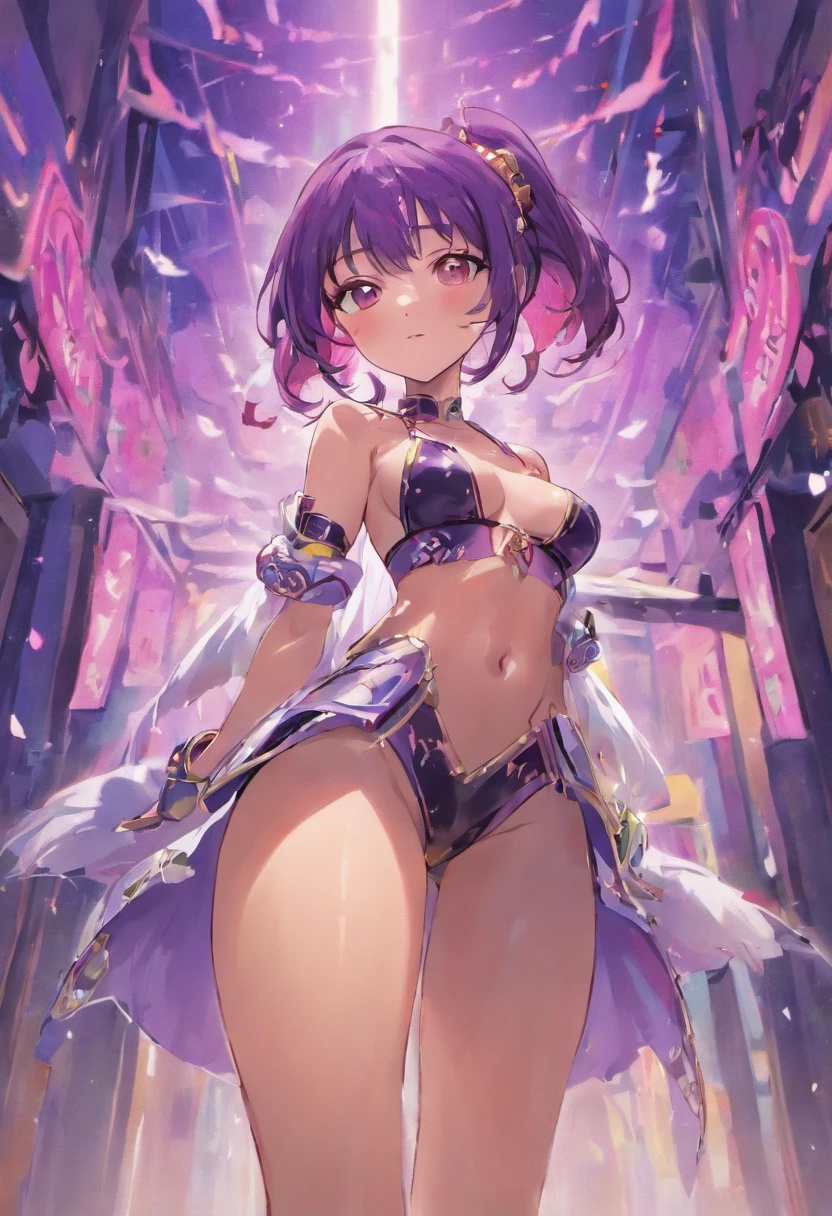 Beautiful light-skinned Asian woman that is slim yet curvaceous fame and average height with big breast, and long straight black hair reaching mid-back shirt short square bangs, and large black eyes, wearing, Blue bikini, pink gloves and boots, green cape and pink helmet