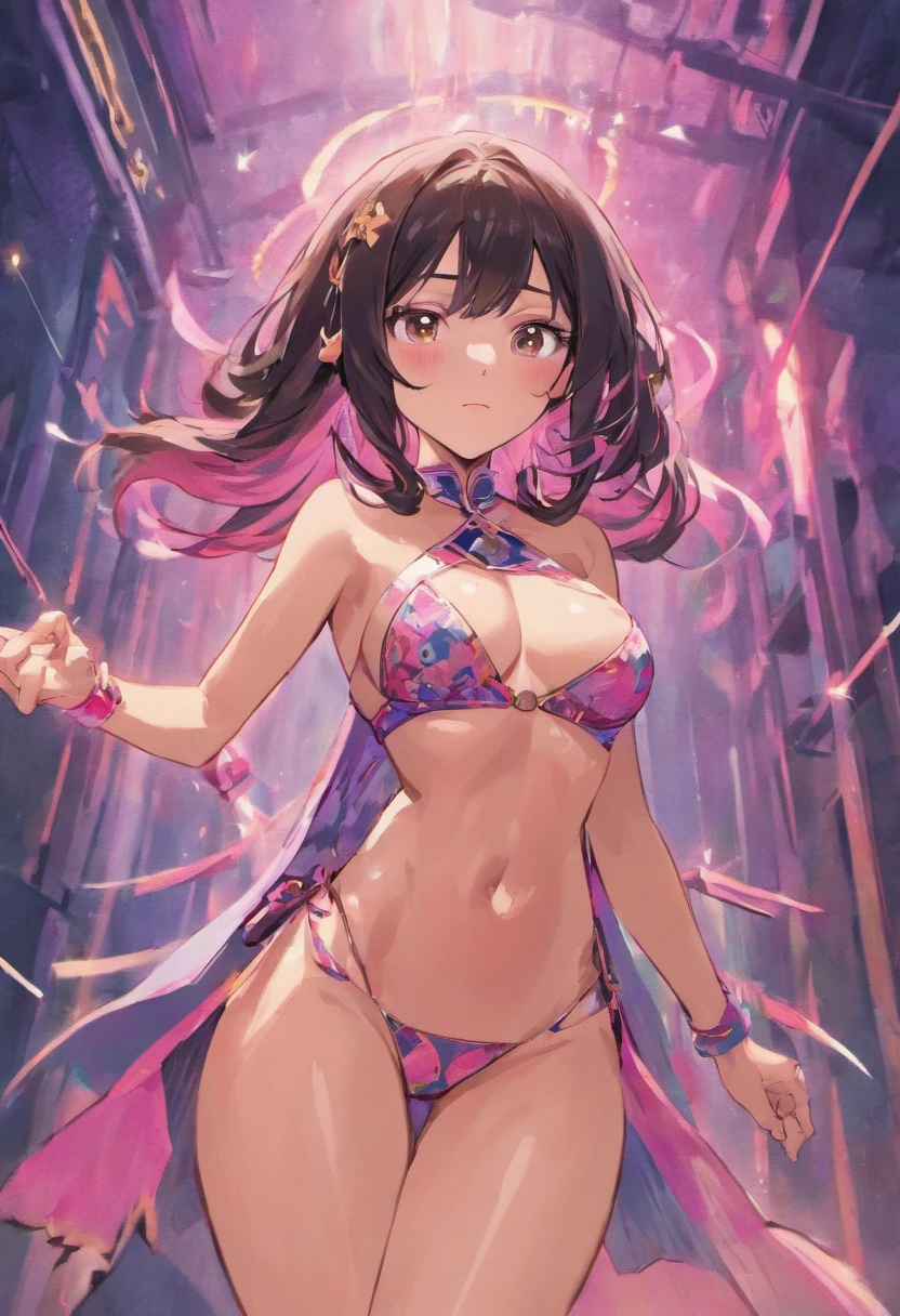 Beautiful light-skinned Asian woman that is slim yet curvaceous fame and average height with big breast, and long straight black hair reaching mid-back shirt short square bangs, and large black eyes, wearing, Blue bikini, pink gloves and boots, green cape and pink helmet