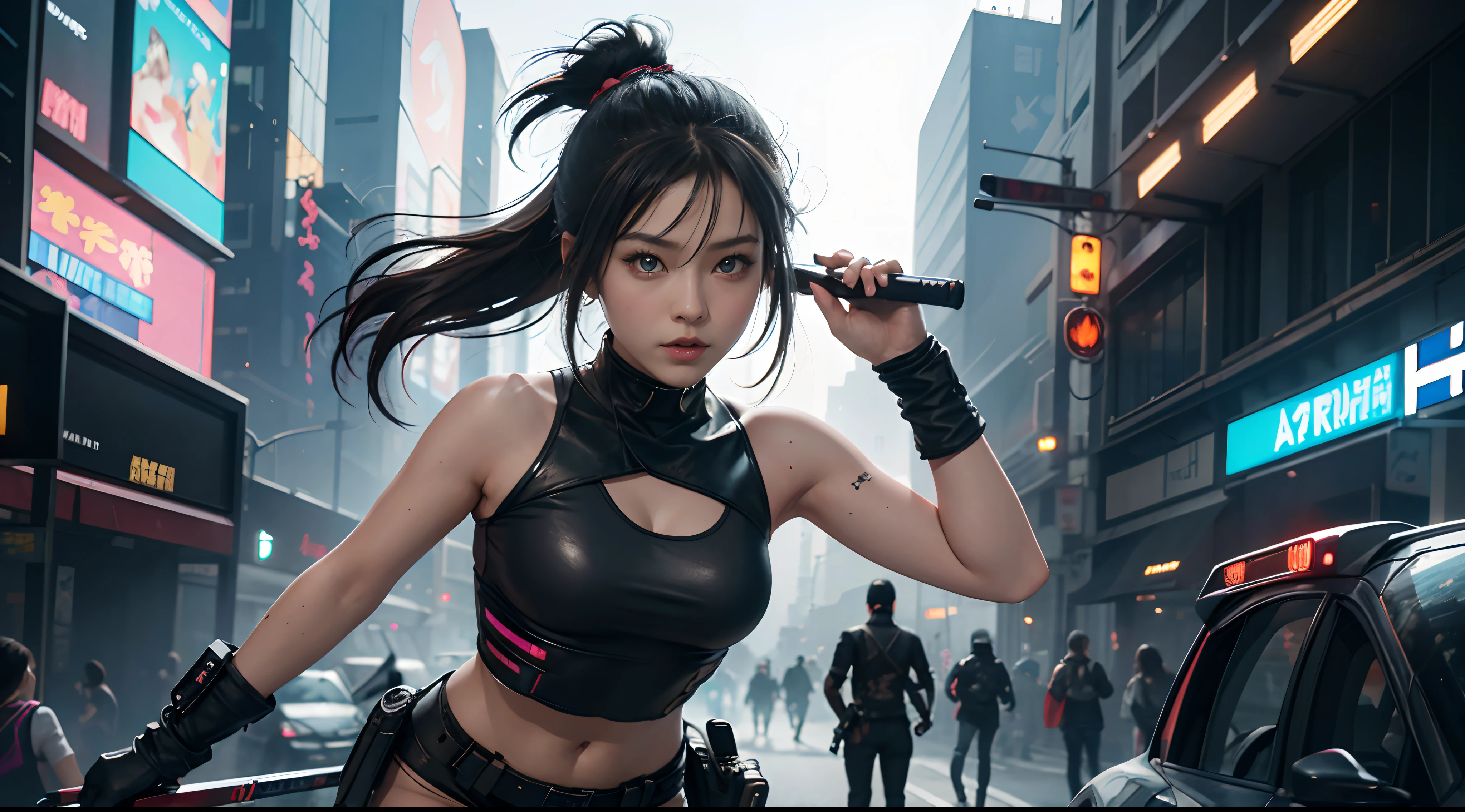 Beautiful hyper-realistic photo of a cute Asian cyberpunk girl, Tragen von Cyberpunk-Tanktop und Oberschenkelhose, Katana halten, bunter neonhintergrund, cluttered Blade Runner background, Dynamische Pose, Konzeptzeichnung, von Brian Froud und Carne Griffiths und Wadim Kashin und John William Waterhouse, Komplizierte Details, 8K-Postproduktion, high resolution, Super detailliert, Auf ArtStation im Trend, Scharfer Fokus, Studio-Fotos, Komplizierte Details, Depth of field, f/2.8, Filmische Ausleuchtung, Dunkle Schatten.