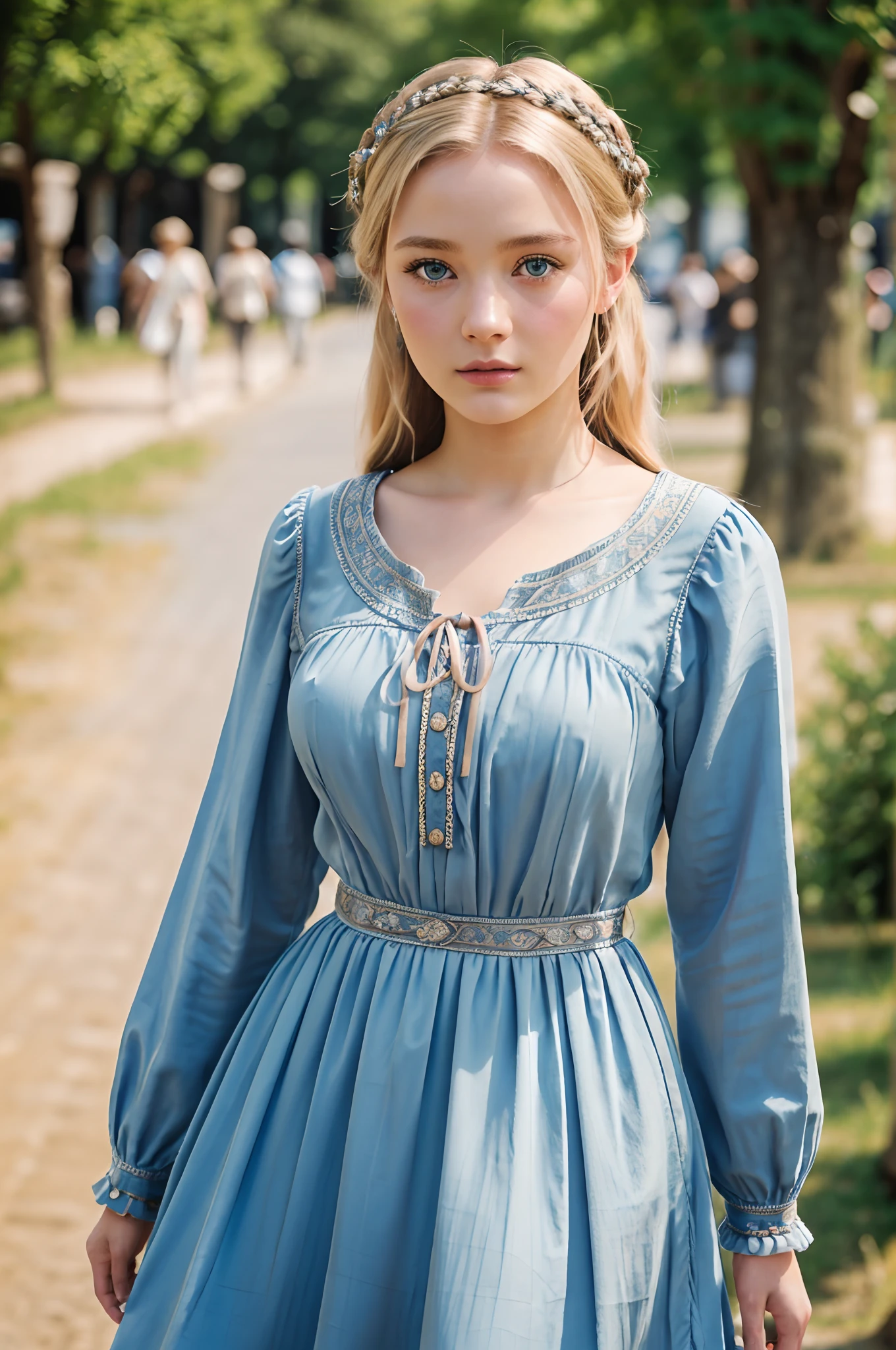 Best quality, Masterpiece, Realistic photo, Intricate details, RAW photo, Ultra detailed, Old-fashioned young woman, Pair it with a peasant-inspired dress, No neckline, Blonde hair, Perfect details and blue eyes, Walk in the ancient city, HD quality, 8K, Young woman, 20 years old --auto