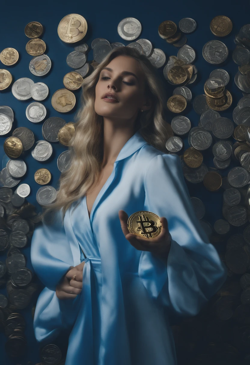 "Por favor, crie uma imagem que represente o mundo das criptomoedas. Predominantly use blue and white colors in the composition. A imagem deve incorporar elementos que simbolizem a tecnologia blockchain, decentralization, The security and innovation associated with cryptocurrencies. Make sure the image conveys a sense of confidence and modernity, while highlighting the importance of blue and white in the context of cryptocurrencies, insira uma mulher linda, blonde holding the coin in her hands