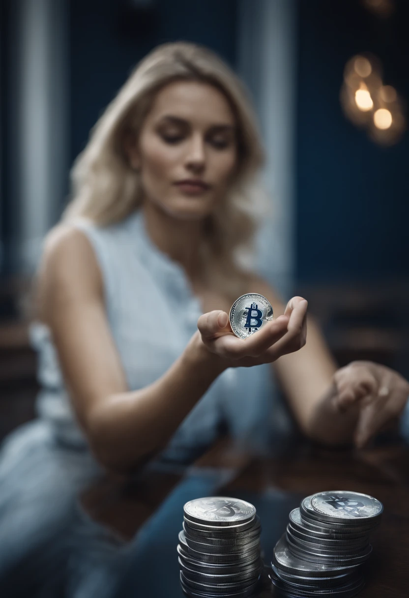"Por favor, crie uma imagem que represente o mundo das criptomoedas. Predominantly use blue and white colors in the composition. A imagem deve incorporar elementos que simbolizem a tecnologia blockchain, decentralization, The security and innovation associated with cryptocurrencies. Make sure the image conveys a sense of confidence and modernity, while highlighting the importance of blue and white in the context of cryptocurrencies, insira uma mulher linda, blonde holding the coin in her hands
