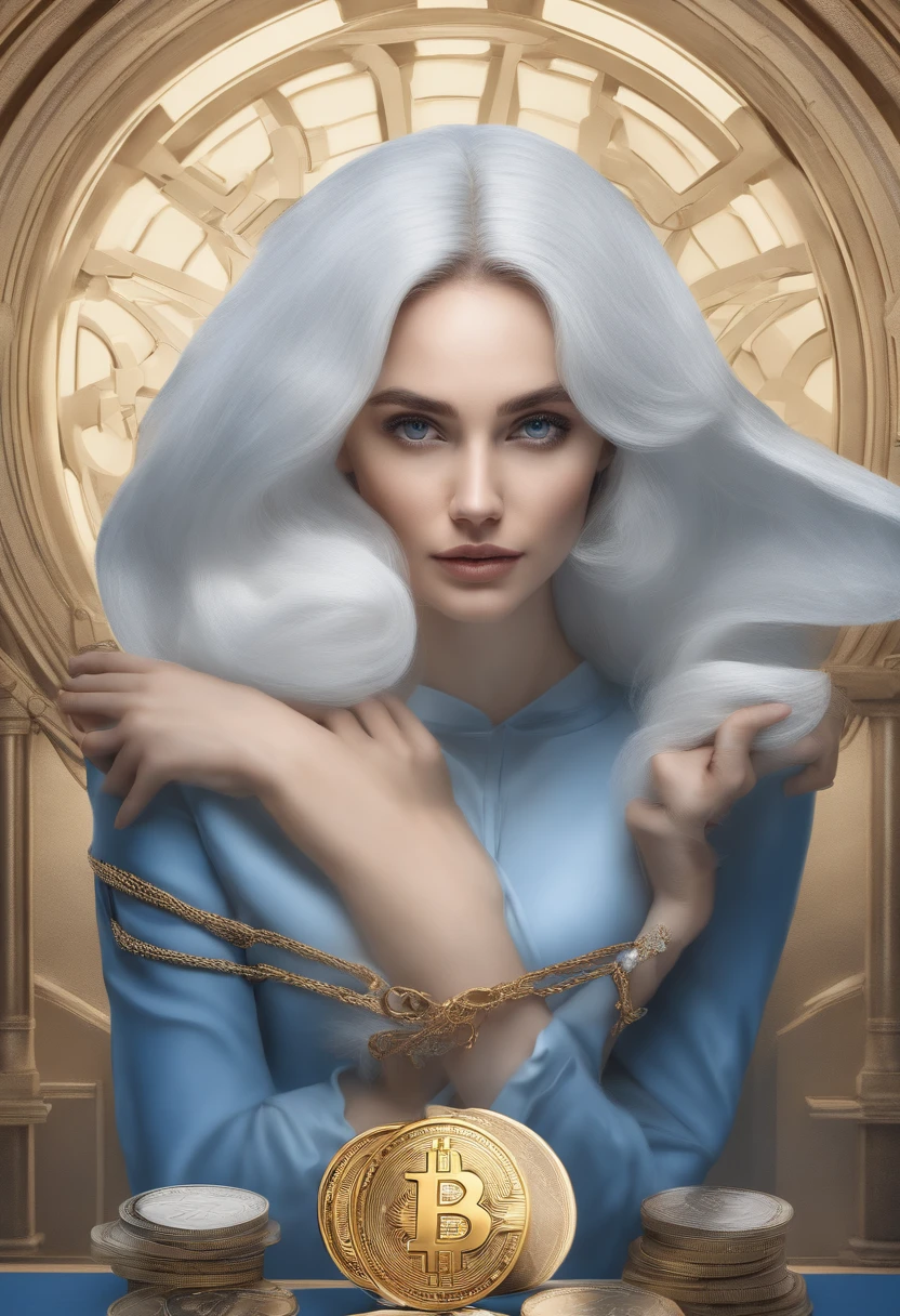 "Por favor, crie uma imagem que represente o mundo das criptomoedas. Predominantly use blue and white colors in the composition. A imagem deve incorporar elementos que simbolizem a tecnologia blockchain, decentralization, The security and innovation associated with cryptocurrencies. Make sure the image conveys a sense of confidence and modernity, while highlighting the importance of blue and white in the context of cryptocurrencies, insira uma mulher linda, blonde holding the coin in her hands