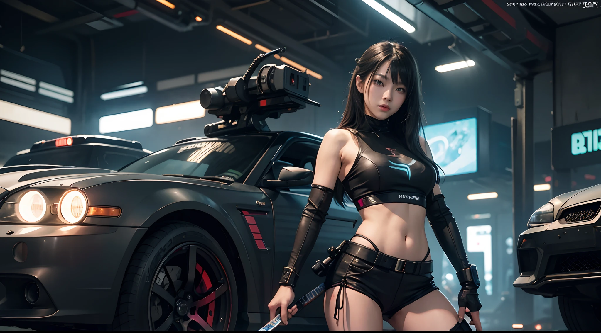 Beautiful hyper-realistic photo of a cute Asian cyberpunk girl, Tragen von Cyberpunk-Tanktop und Oberschenkelhose, Katana halten, bunter neonhintergrund, cluttered Blade Runner background, Dynamische Pose, Konzeptzeichnung, von Brian Froud und Carne Griffiths und Wadim Kashin und John William Waterhouse, Komplizierte Details, 8K-Postproduktion, high resolution, Super detailliert, Auf ArtStation im Trend, Scharfer Fokus, Studio-Fotos, Komplizierte Details, Depth of field, f/2.8, Filmische Ausleuchtung, Dunkle Schatten.