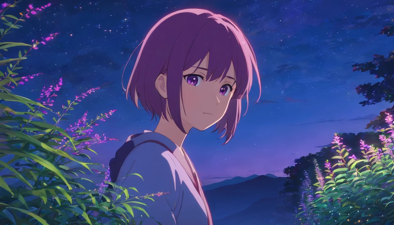 girl, night, deep blue, purple, violet, vight sky, moon, stars, shadows, vegetation, violet bushes, magic, silver light, mistery, dream, adventure, secret, wonder, masterpiece, best quality, movie still, bright, happy, warm soft lighting, (sparks:0.7)