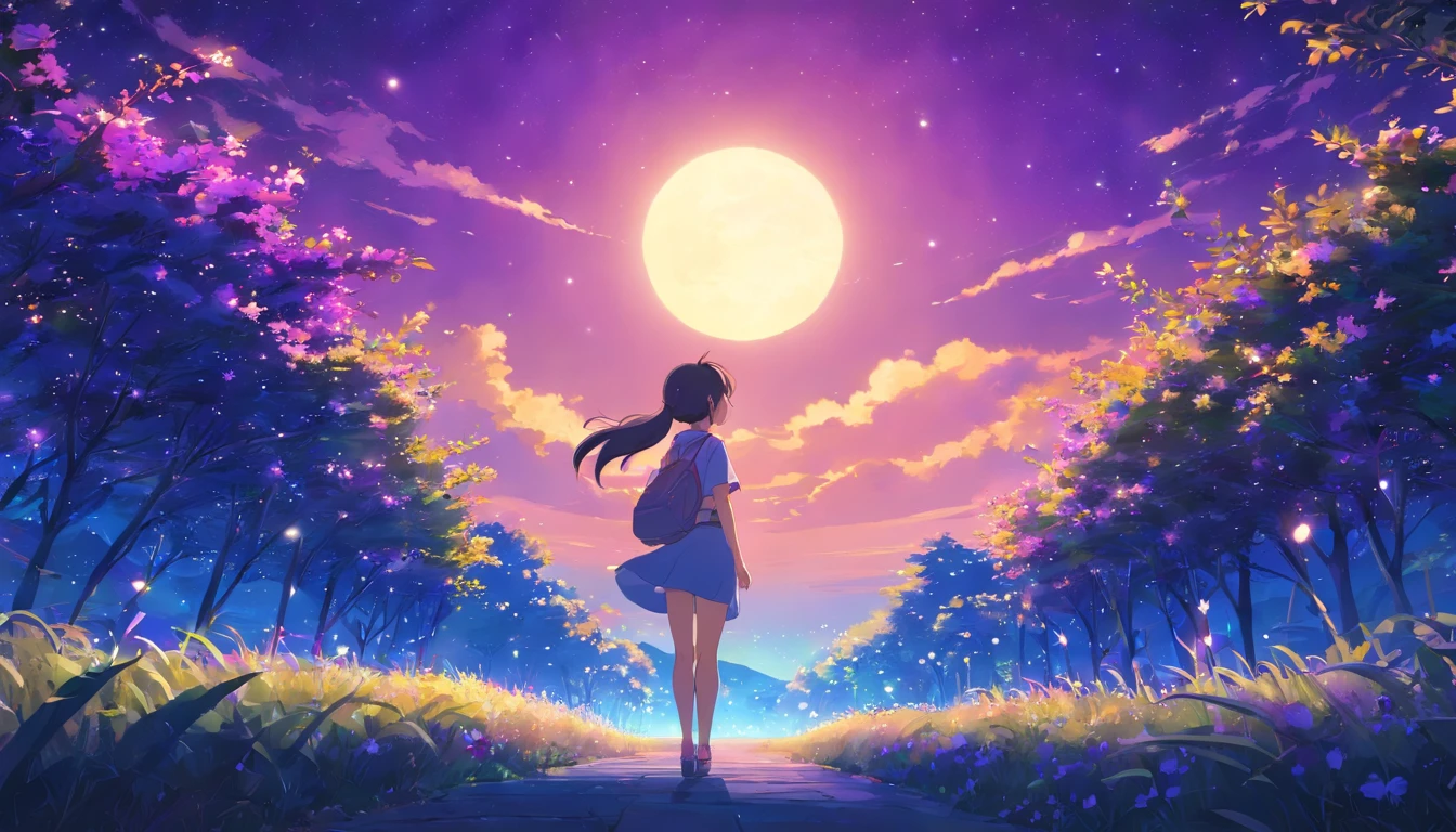 girl, night, deep blue, purple, violet, vight sky, moon, stars, shadows, vegetation, violet bushes, magic, silver light, mistery, dream, adventure, secret, wonder, masterpiece, best quality, movie still, bright, happy, warm soft lighting, (sparks:0.7)