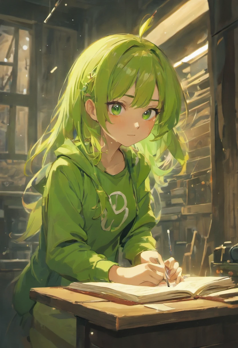 "Image Quality: 8K (Best Quality Scale: 1.2), Artistic Style: Realistic, Photorealistic Factor: 1.37, Clarity: Ultra High Definition, Subject: age Girl (16 yotable Features: Pleasant Smile, Closed Mouth, Exquisite Details, Lovely Nose, Composition: Full Body, Damp Hair, Context: Amidst Colossal Dalsefo, Surroundings: Including Pork, Attire: body fit green Army costume very detailed , Heaven Backgroundbeautiful teenager in her in the city waring earpads studding a book computer infront stars in window at night time hyper realistic,8k,ultra detailed hd,pixar style,high definition,16:9