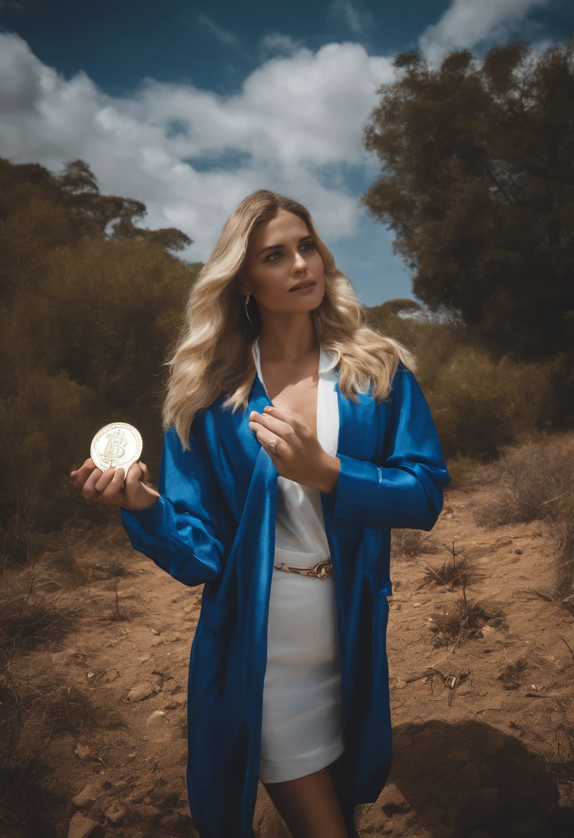 "Por favor, crie uma imagem que represente o mundo das criptomoedas. Predominantly use blue and white colors in the composition. A imagem deve incorporar elementos que simbolizem a tecnologia blockchain, decentralization, The security and innovation associated with cryptocurrencies. Make sure the image conveys a sense of confidence and modernity, while highlighting the importance of blue and white in the context of cryptocurrencies, insira uma mulher linda, blonde holding the coin in her hands, foco nos olhos dourados como moedas