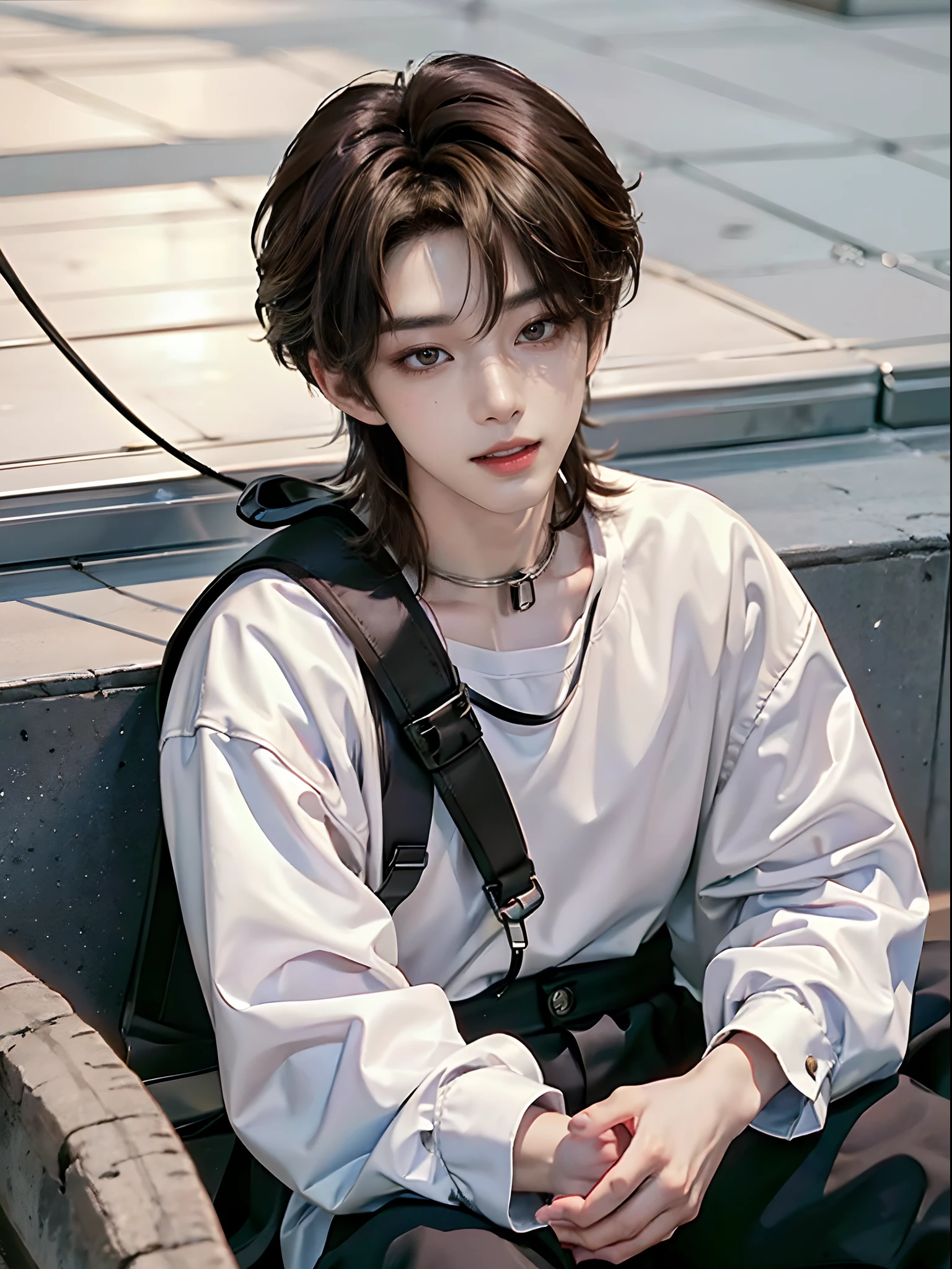 ((4K works))、masterpiece、(top-quality)、((high-level image quality))、((One Manly Boy))、Slim body、((Attractive and sexy fashion))、((Men's Fashion))、((Holding a backpack and iPhone in hand))、(Detailed beautiful eyes)、In a fashionable city、Sitting on the curb and listening to music、Face similar to Chaewon in Ruseraphim、((short hair above the ears))、((Smaller face))、((Neutral face))、((Light brown eyes))、((Korean boy))、((18year old))、((Handsome man))、((Teeth and smile expression))、((Korean Makeup))、((elongated and sharp eyes))、((photo of a model))、((Like a celebrity))、Professional Photos、((Shot alone))、((Sitting on the curb and listening to music through headphones))、((He sits in front of the viewer))、((Shot diagonally up from the front))、((Upper body photography))、((Hold your iPhone in your hands、Look at your iPhone screen))