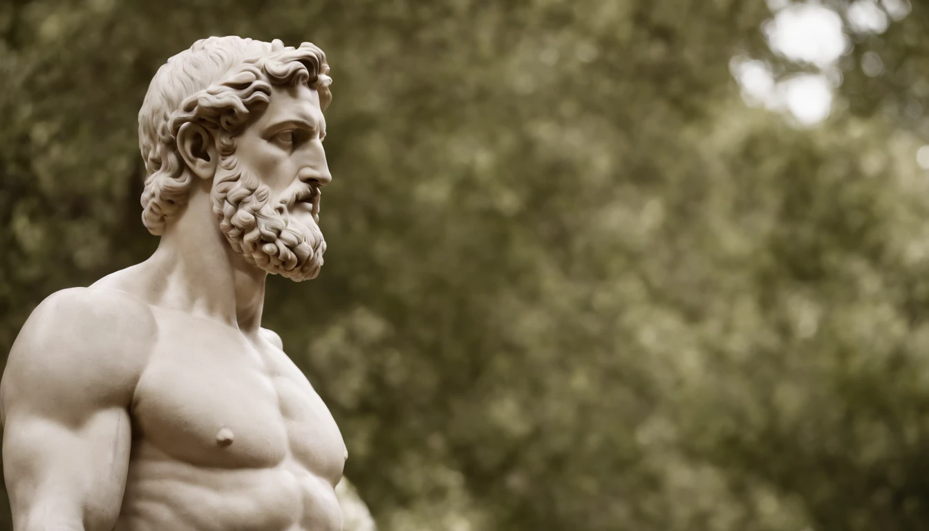 Greek stoic statue of the style of Hercules, sentando refletindo sozinho, fundo preto